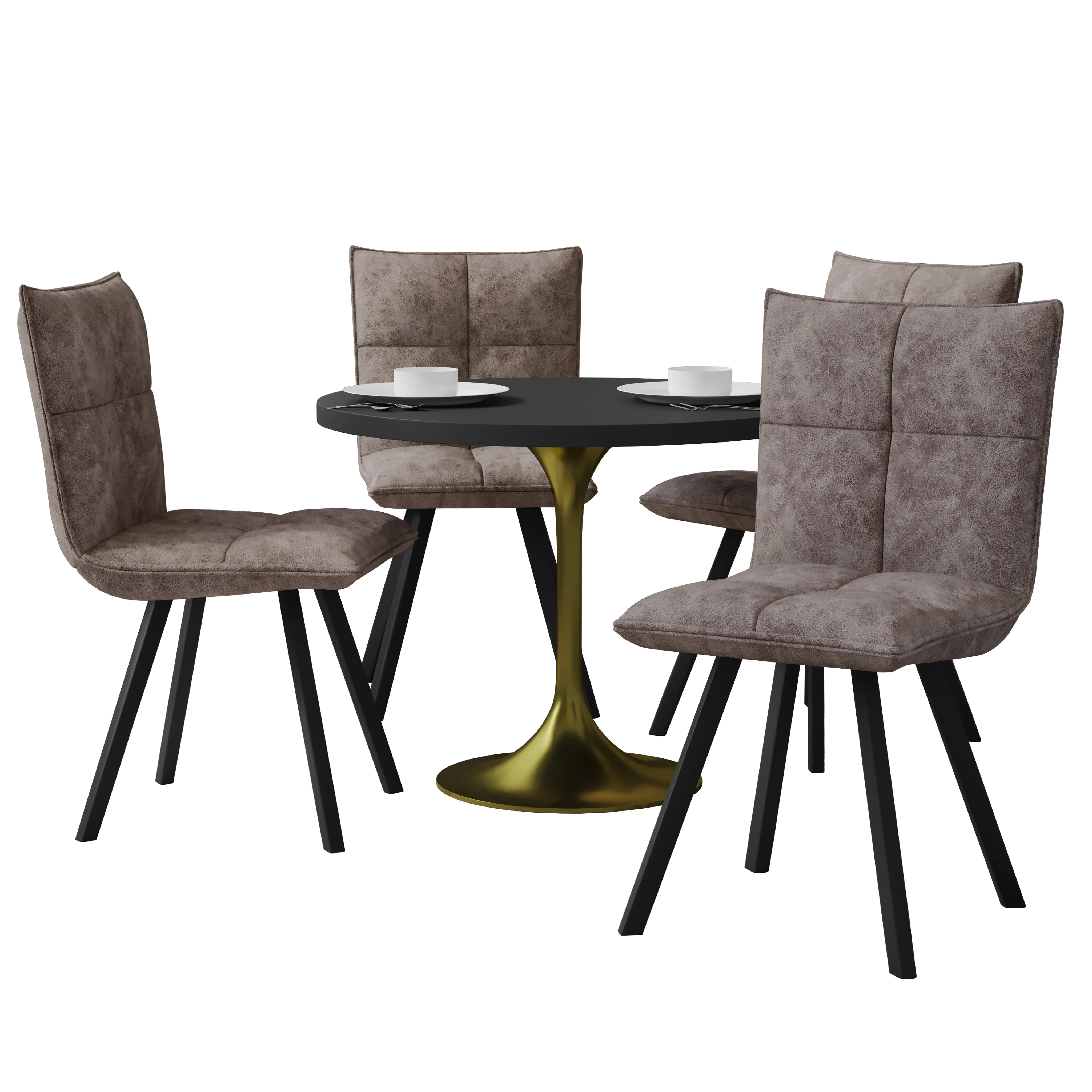 Verve 5-Piece Dining Set with 36" Round Dining Table in Black MDF Top and 4 Leather Dining Chairs in Grey