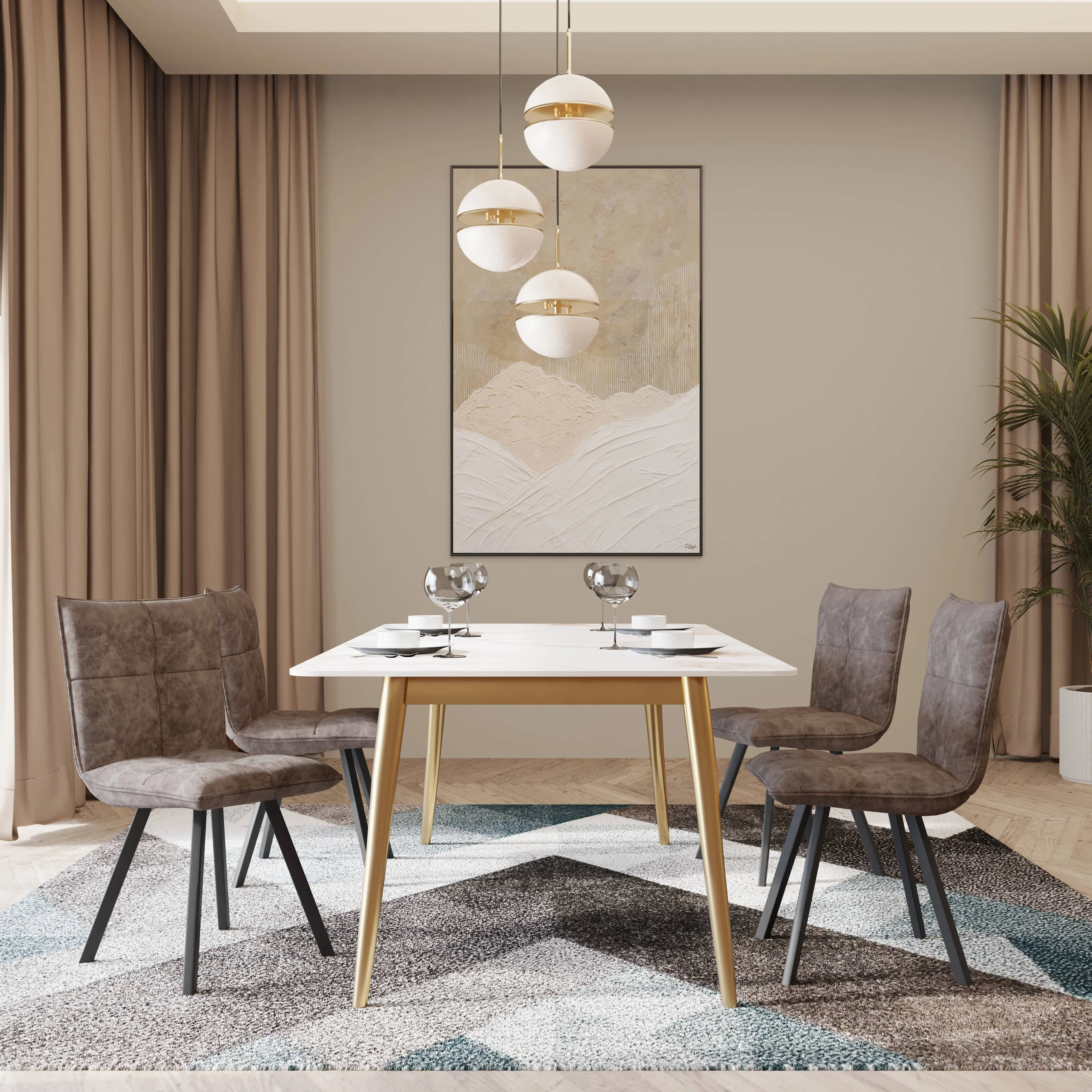 Zayle 5-Piece Dining Set with 55" Rectangular Dining Table in White Grey Sintered Stone Top and 4 Leather Dining Chairs in Peacock Blue