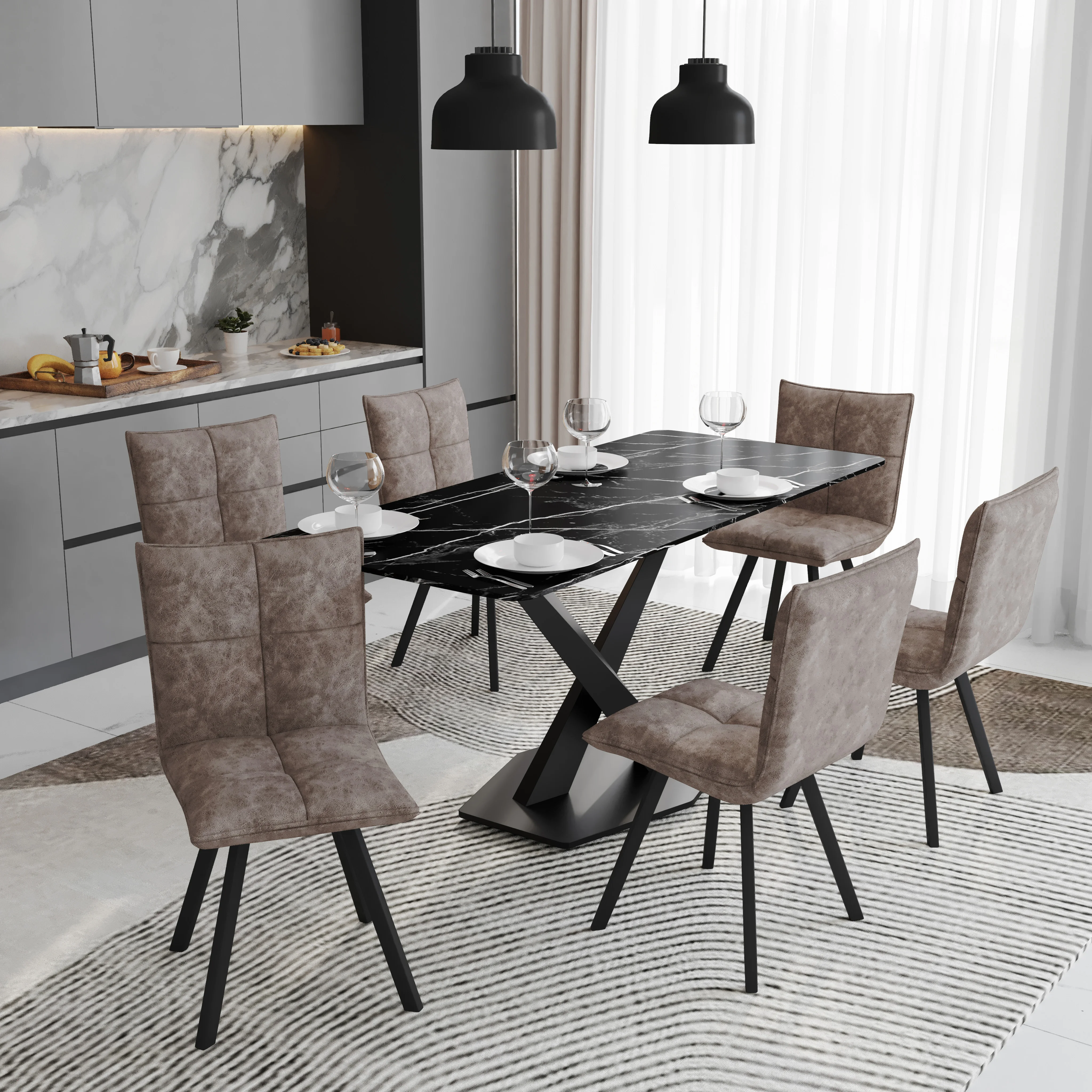 Voren 7-Piece Dining Set with 55" Rectangular Dining Table in Black/Gold and 6 Leather Dining Chairs in Grey