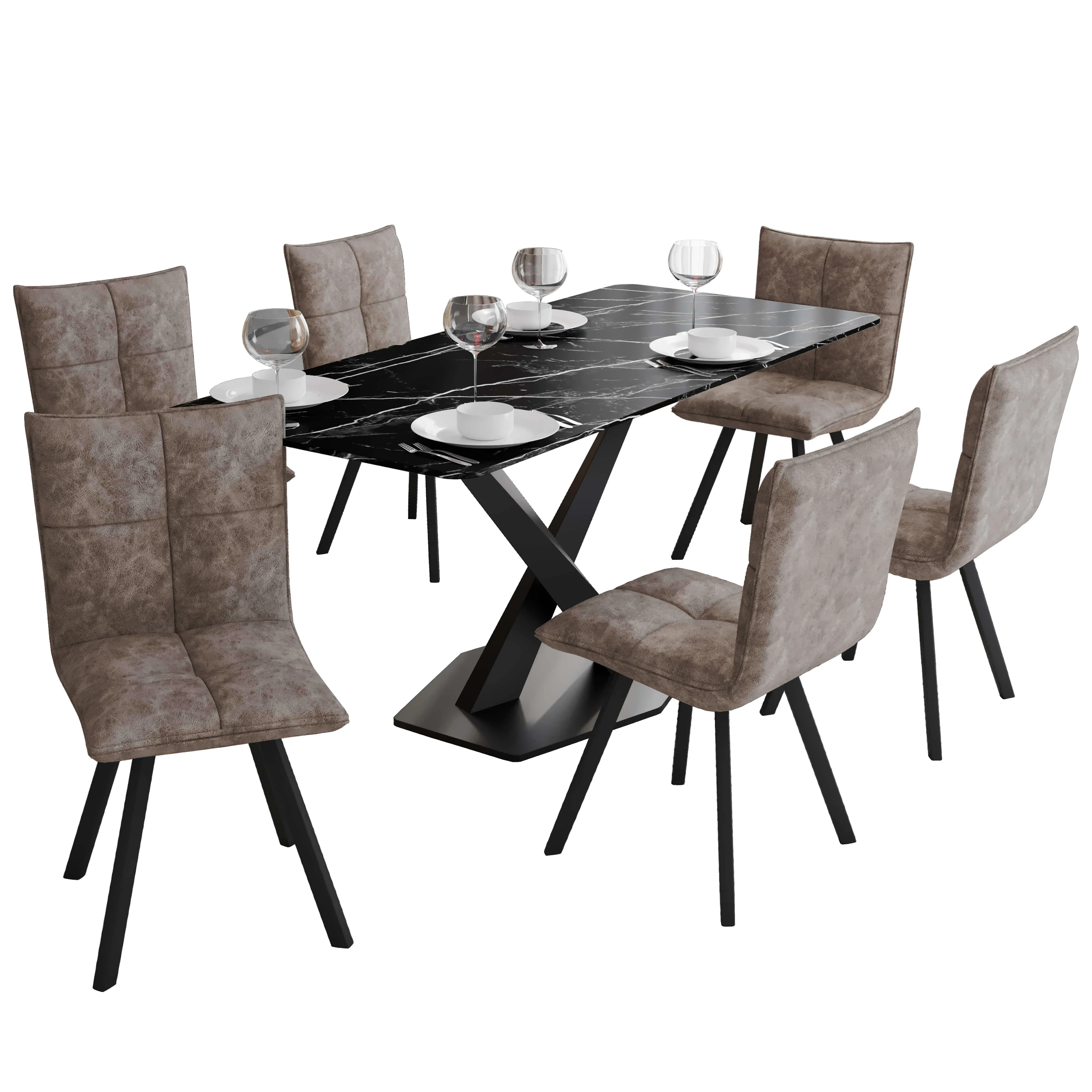 Voren 7-Piece Dining Set with 55" Rectangular Dining Table in Black/Gold and 6 Leather Dining Chairs in Grey