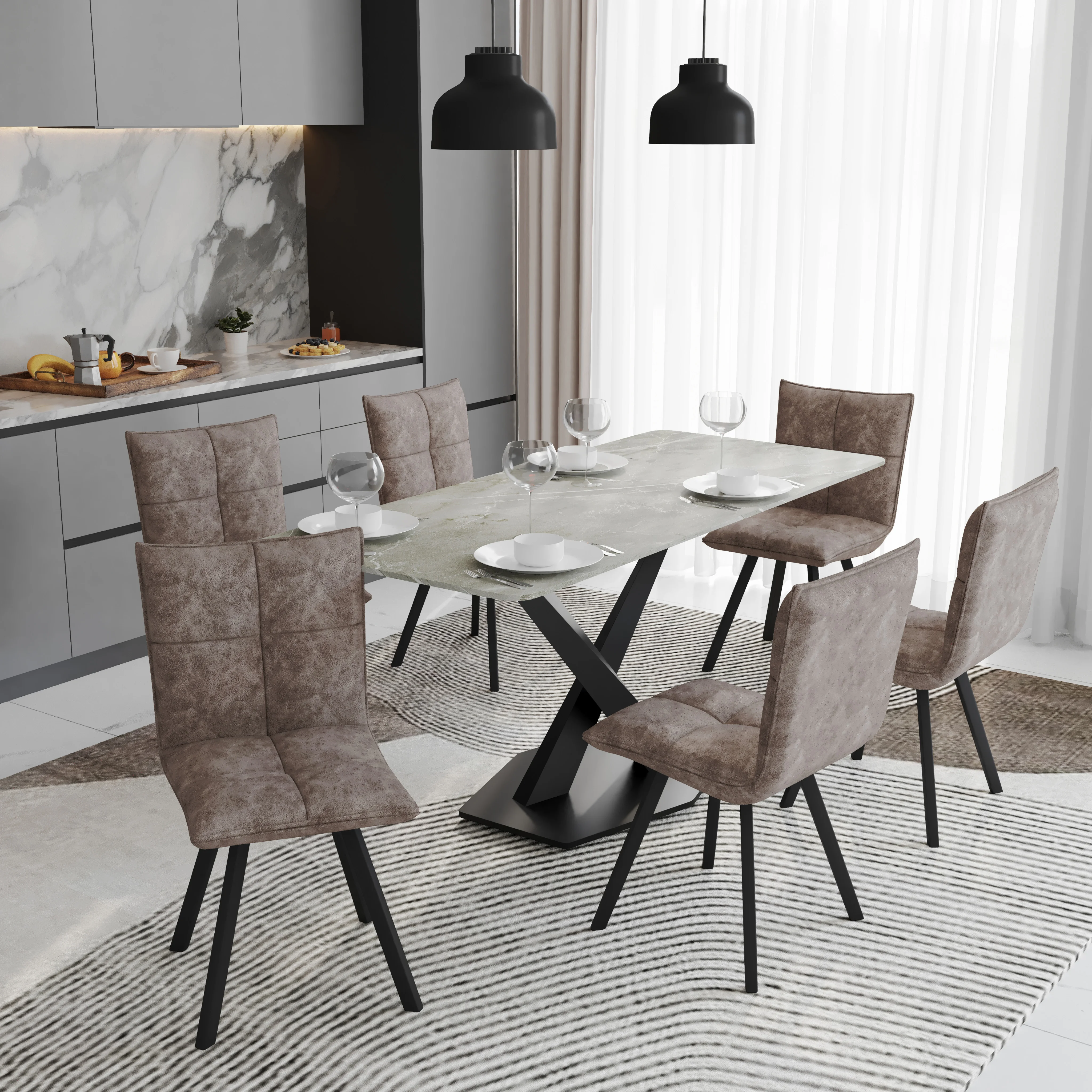 Voren 7-Piece Dining Set with 55" Rectangular Dining Table with Sintered Stone Top and Gold Base in Deep Grey and 6 Leather Dining Chairs in Grey