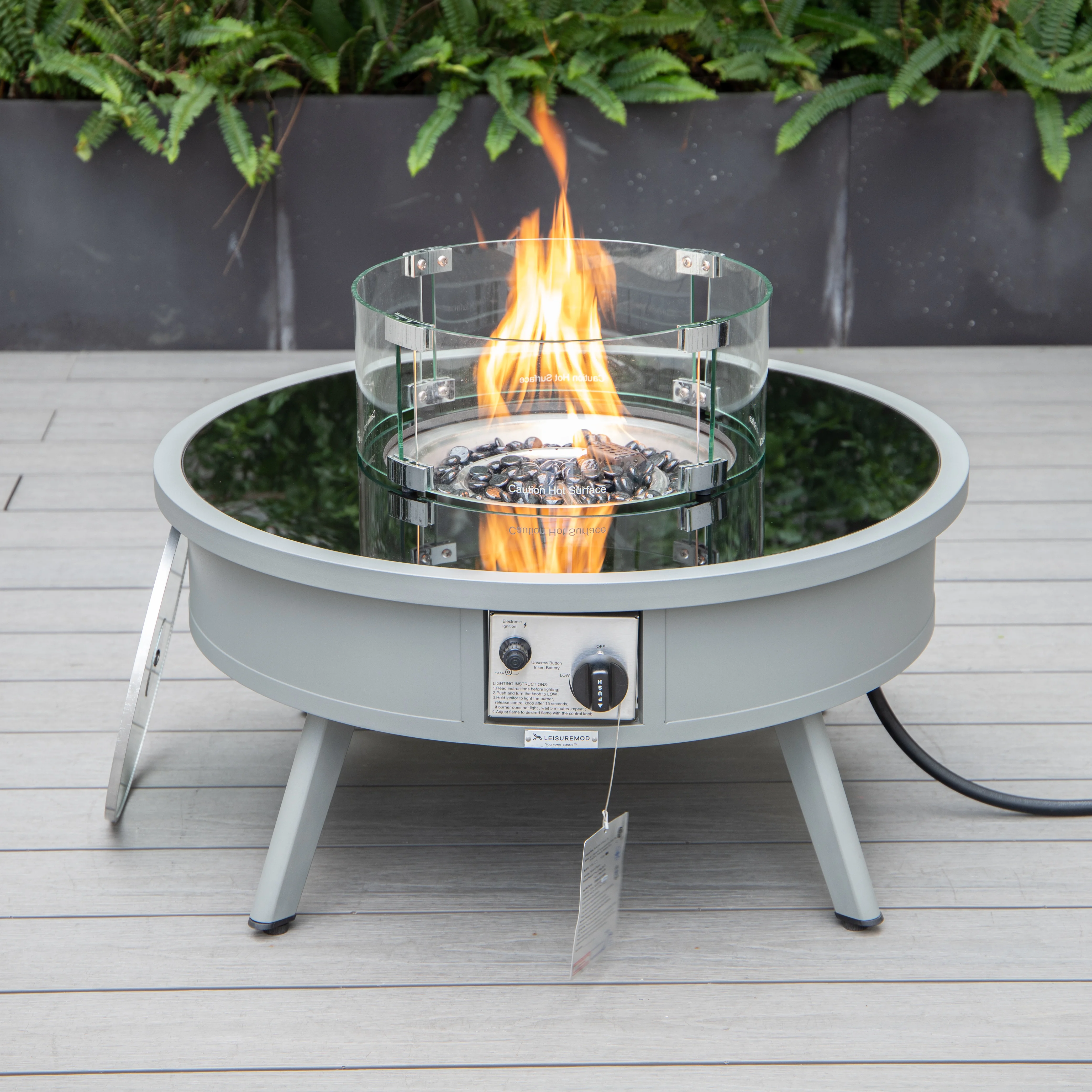 Walbrooke Outdoor Patio Aluminum Round Fire Pit Side Table with Lid and Fire Glass for Patio and Backyard Garden