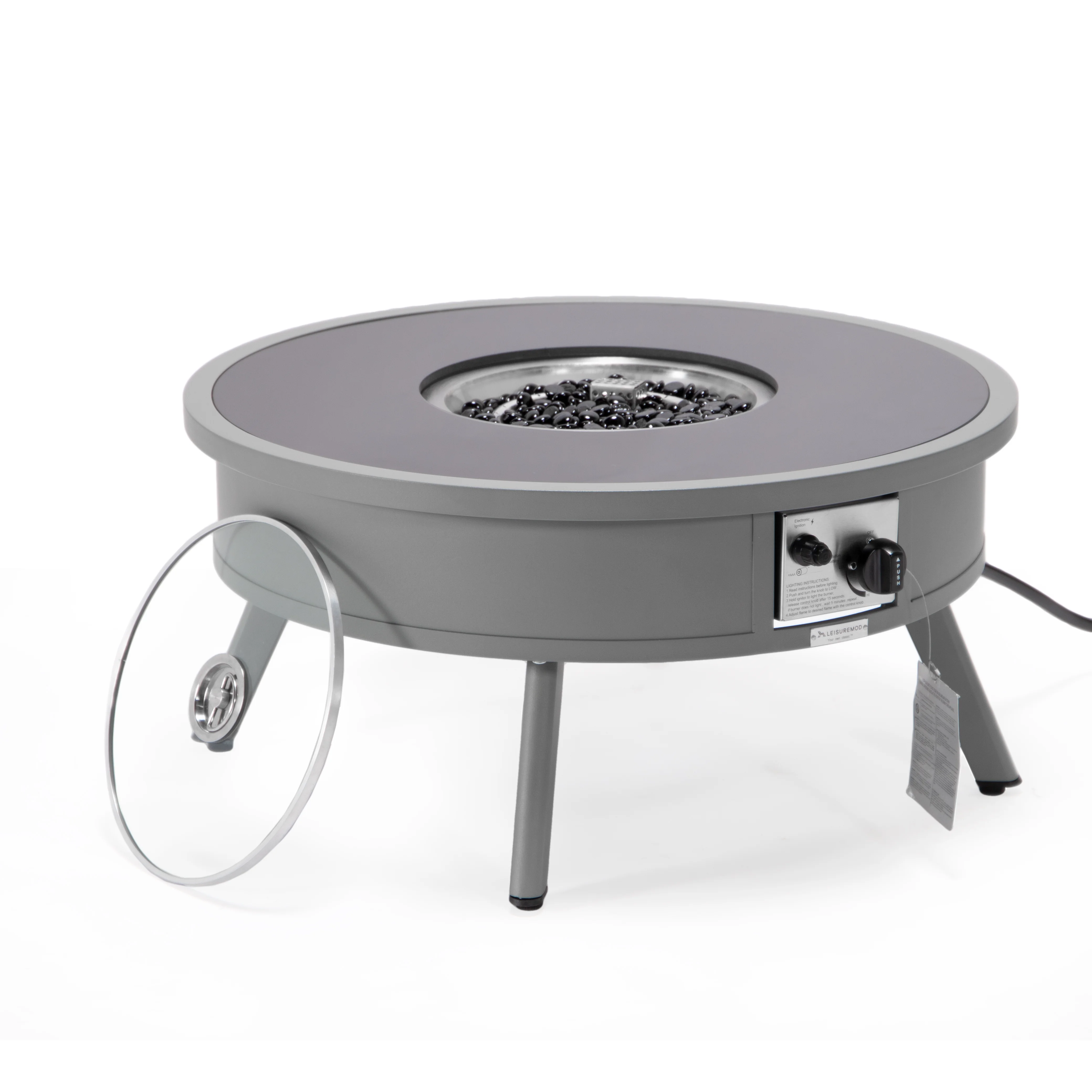 Walbrooke Outdoor Patio Aluminum Round Fire Pit Side Table with Lid and Fire Glass for Patio and Backyard Garden