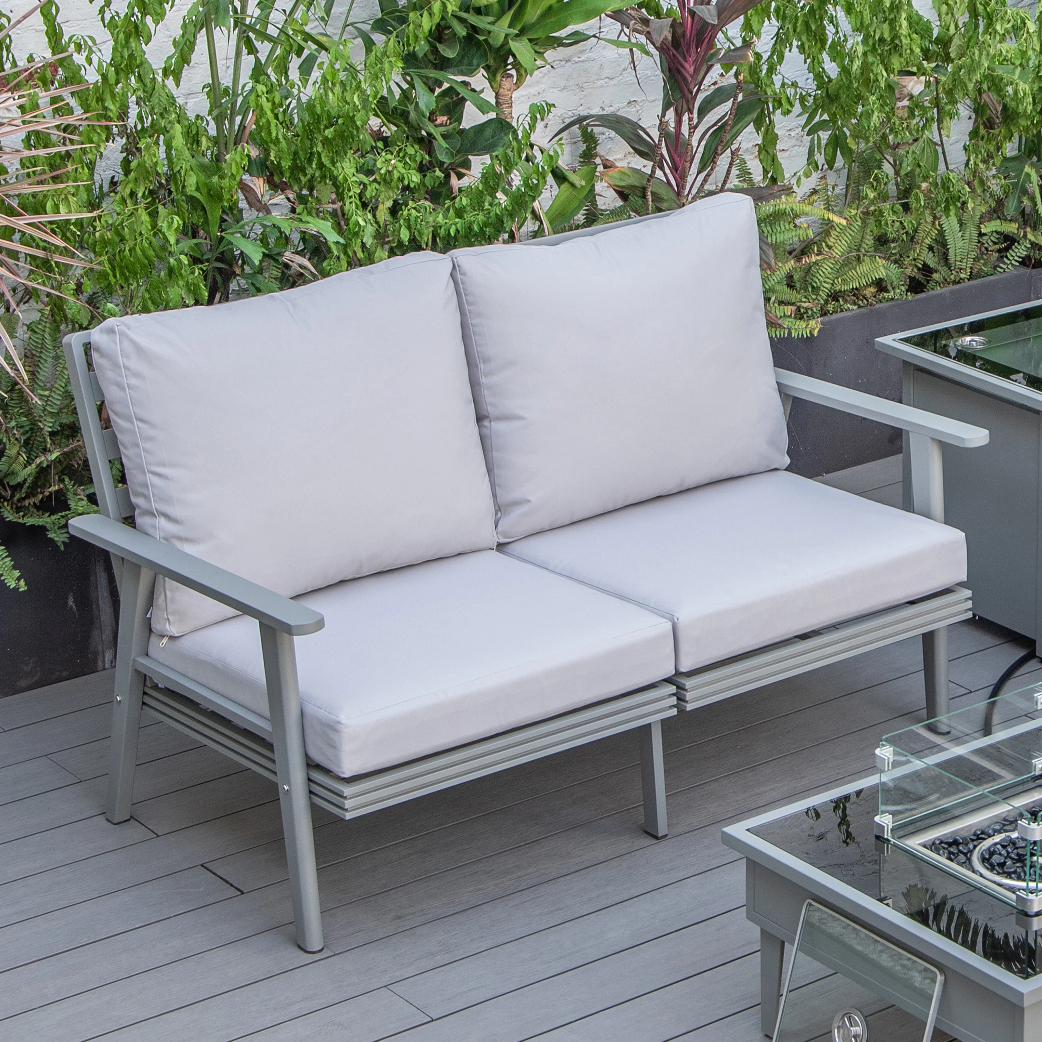 Walbrooke Modern Outdoor Patio Loveseat with Gray Aluminum Frame and Removable Cushions For Patio and Backyard Garden