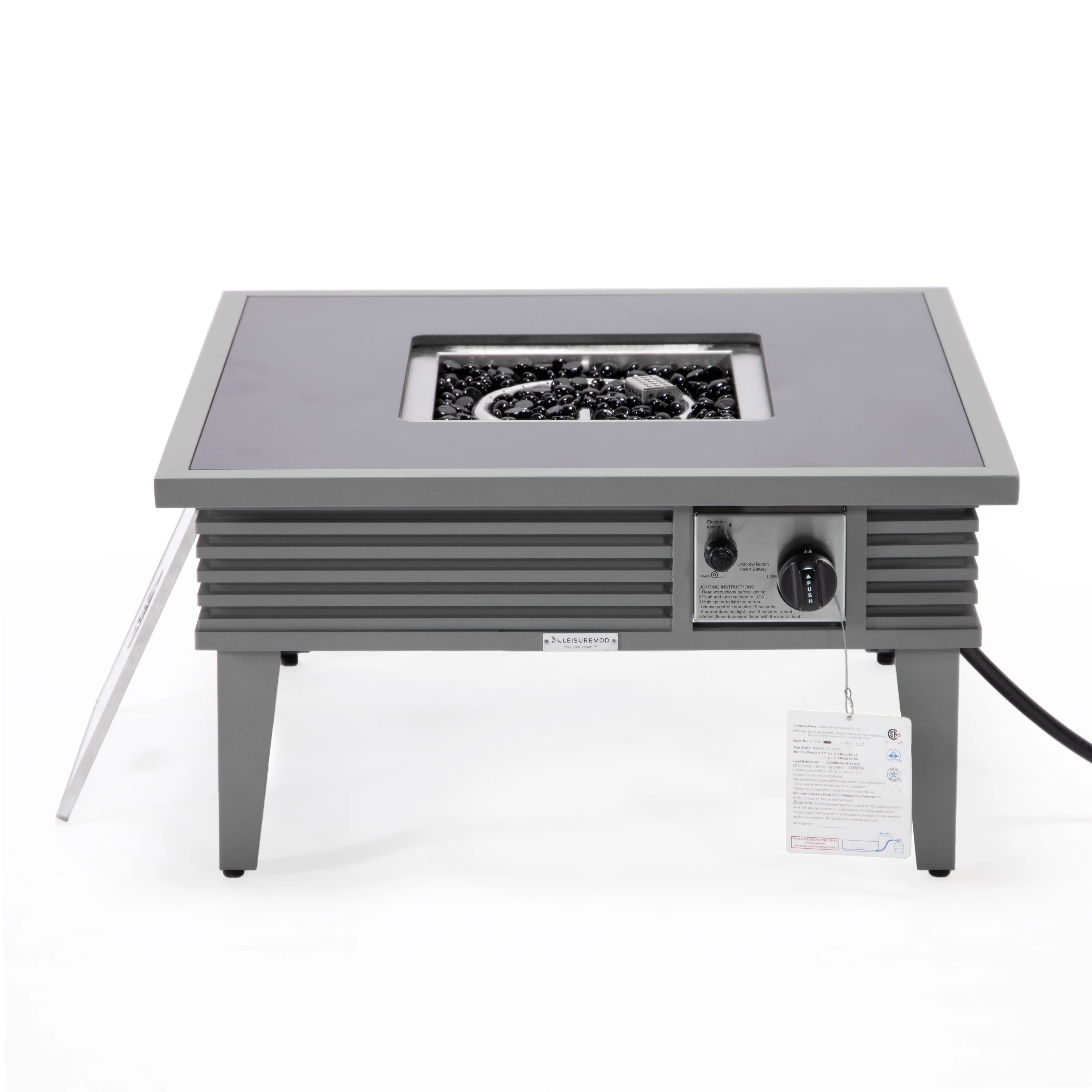 Walbrooke Outdoor Patio Aluminum Square Slats Design Fire Pit Side Table with Lid and Fire Glass for Patio and Backyard Garden