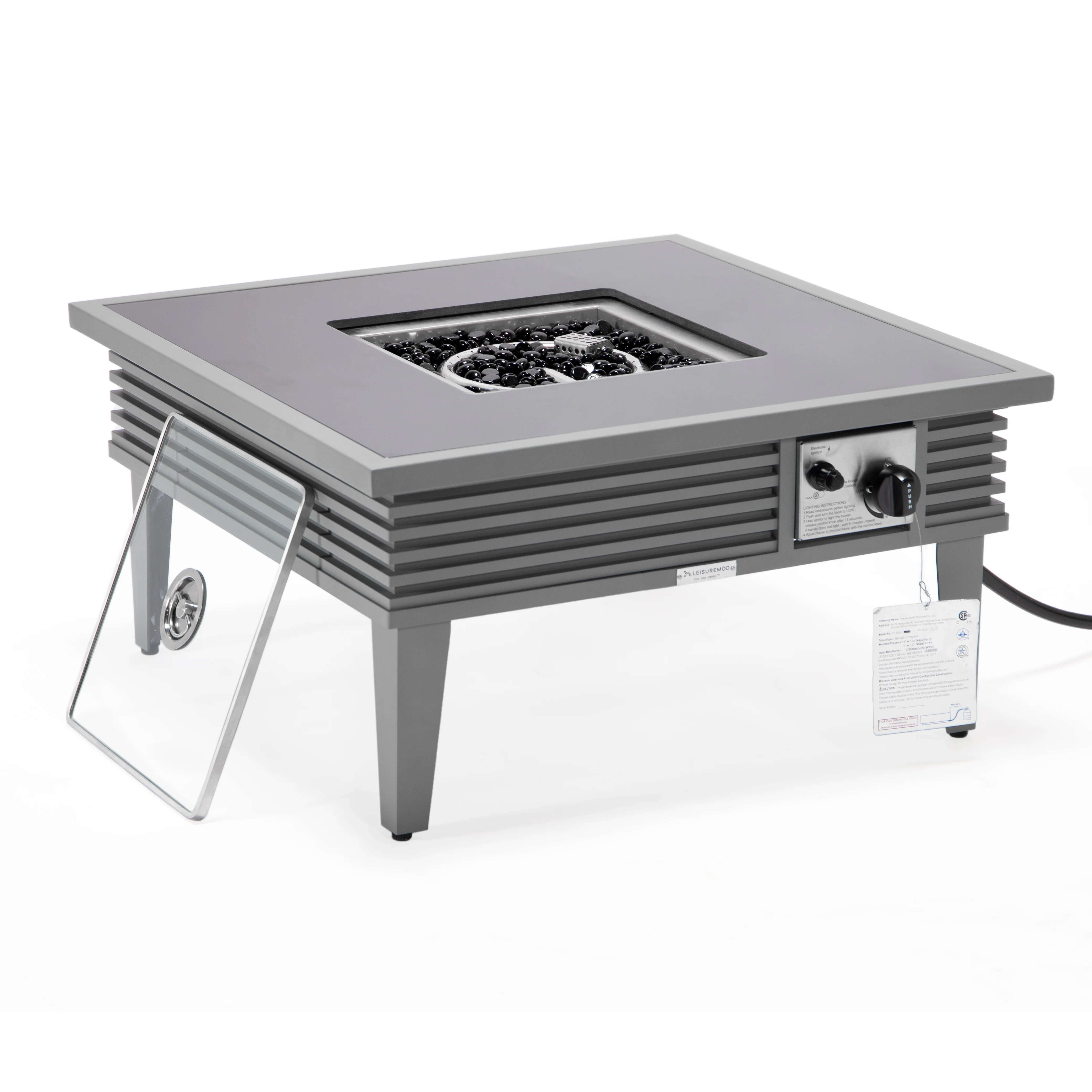 Walbrooke Outdoor Patio Aluminum Square Slats Design Fire Pit Side Table with Lid and Fire Glass for Patio and Backyard Garden