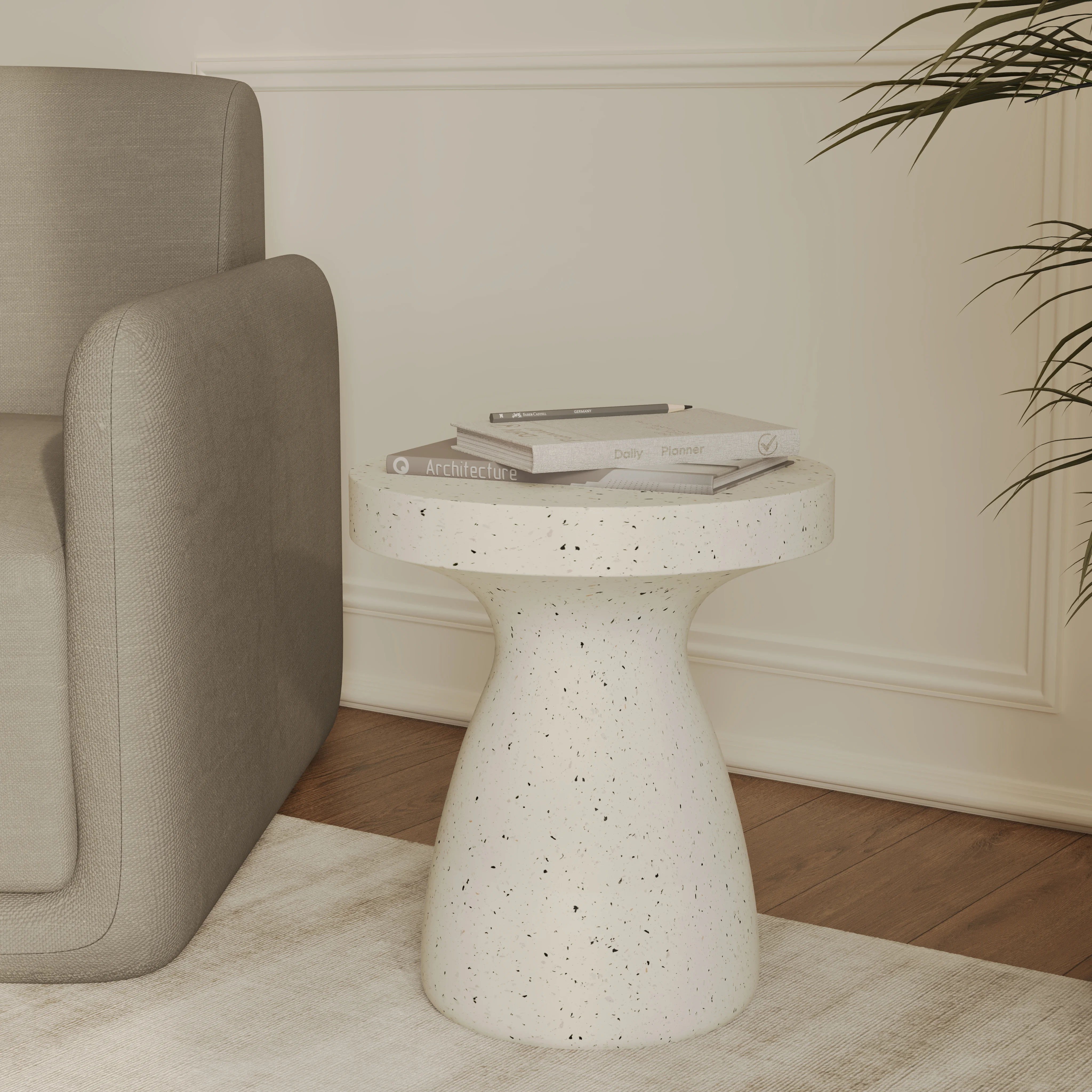 Modern Side End Table Wisp Series In Terrazzo White