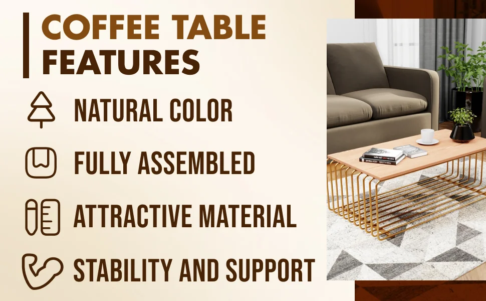 Walden Rectangular Coffee Table with Ash Veneer Top and Powder Coated Steel Frame in Gold