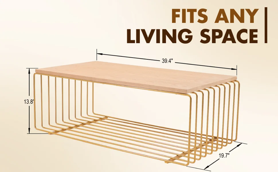 Walden Rectangular Coffee Table with Ash Veneer Top and Powder Coated Steel Frame in Gold