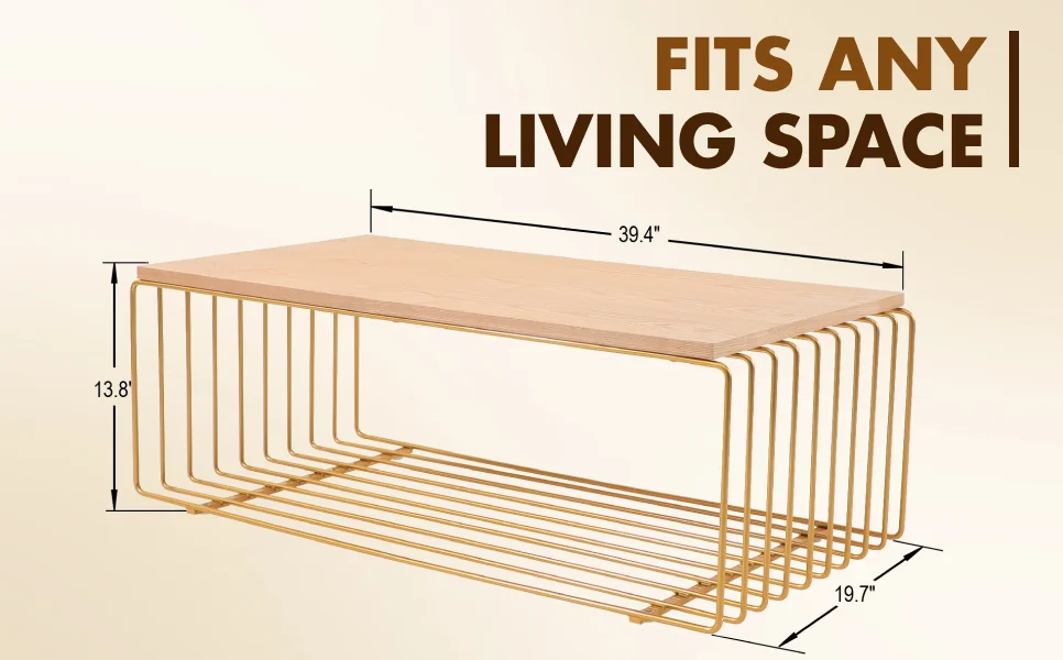 Walden Rectangular Coffee Table with Ash Veneer Top and Powder Coated Steel Frame in Gold