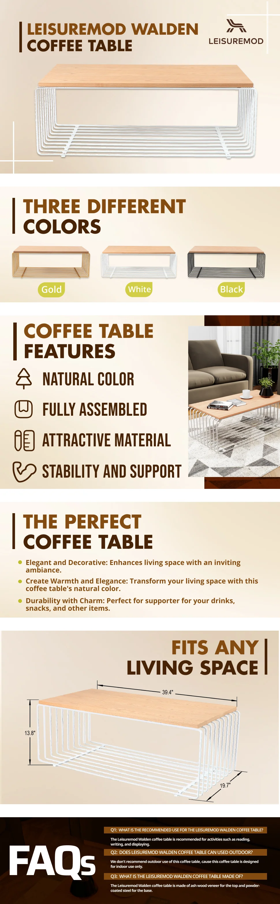 Walden Rectangular Coffee Table with Ash Veneer Top and Powder Coated Steel Frame in White