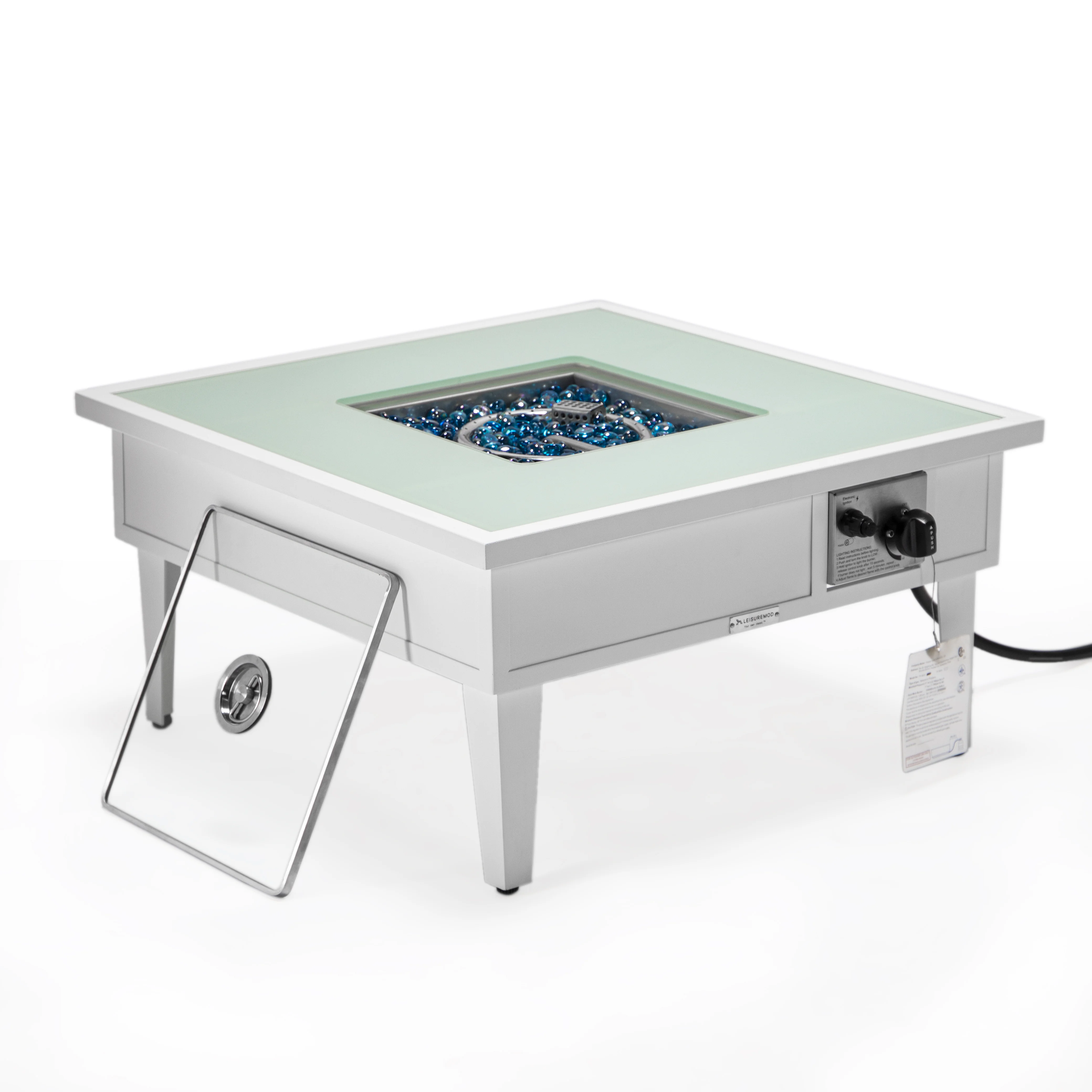 Walbrooke Outdoor Patio Aluminum Square Fire Pit Side Table with Lid and Fire Glass for Patio and Backyard Garden