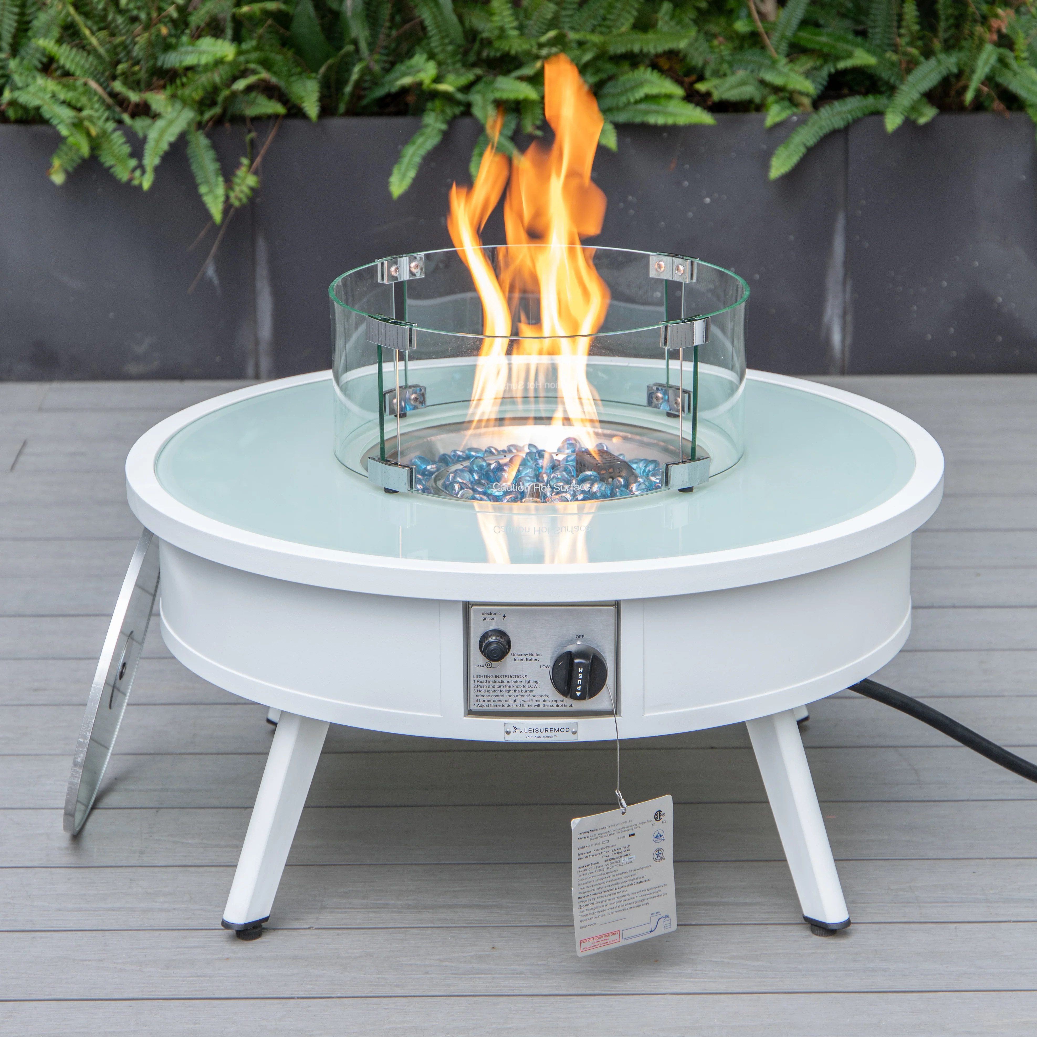 Walbrooke Outdoor Patio Aluminum Round Fire Pit Side Table with Lid and Fire Glass for Patio and Backyard Garden