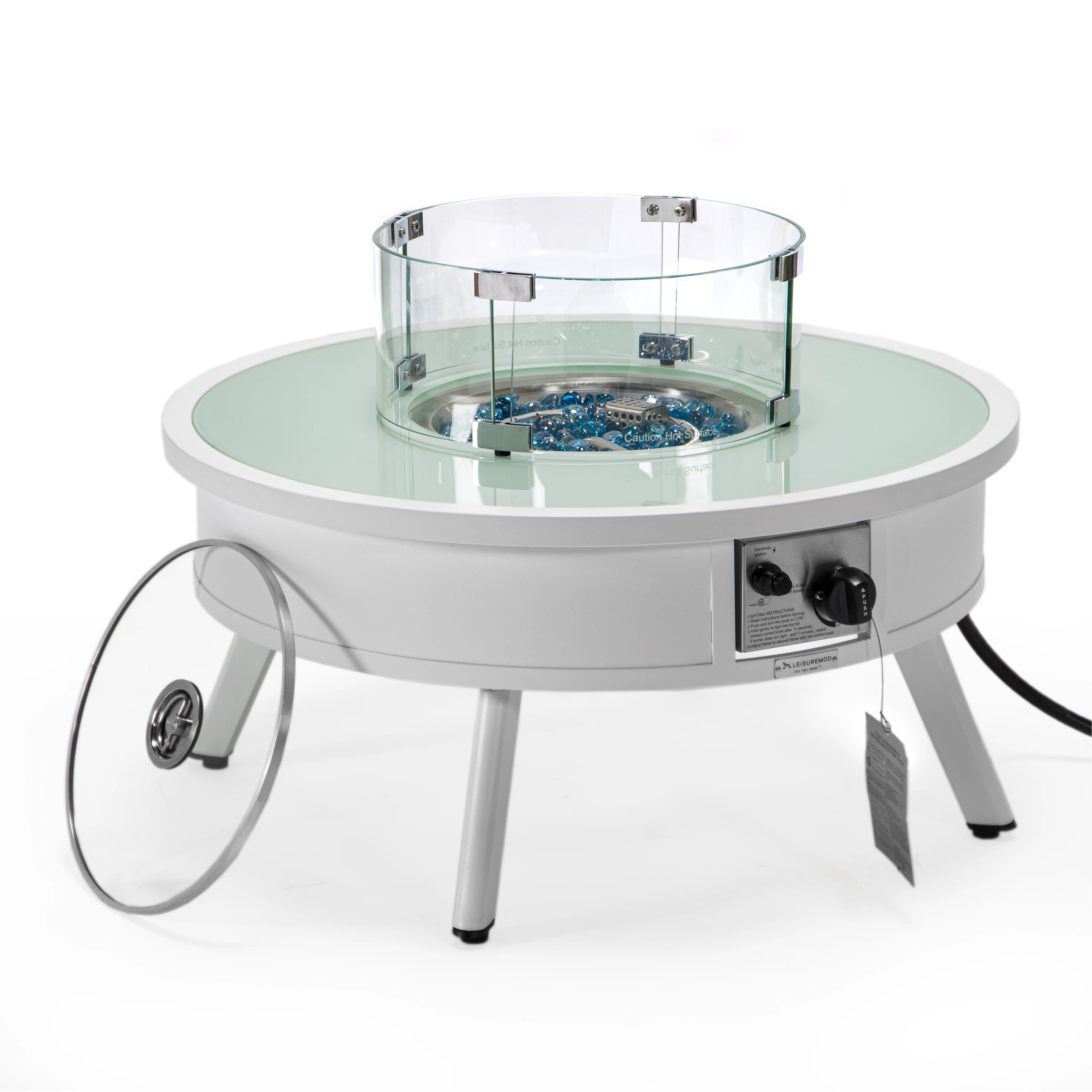 Walbrooke Outdoor Patio Aluminum Round Fire Pit Side Table with Lid and Fire Glass for Patio and Backyard Garden