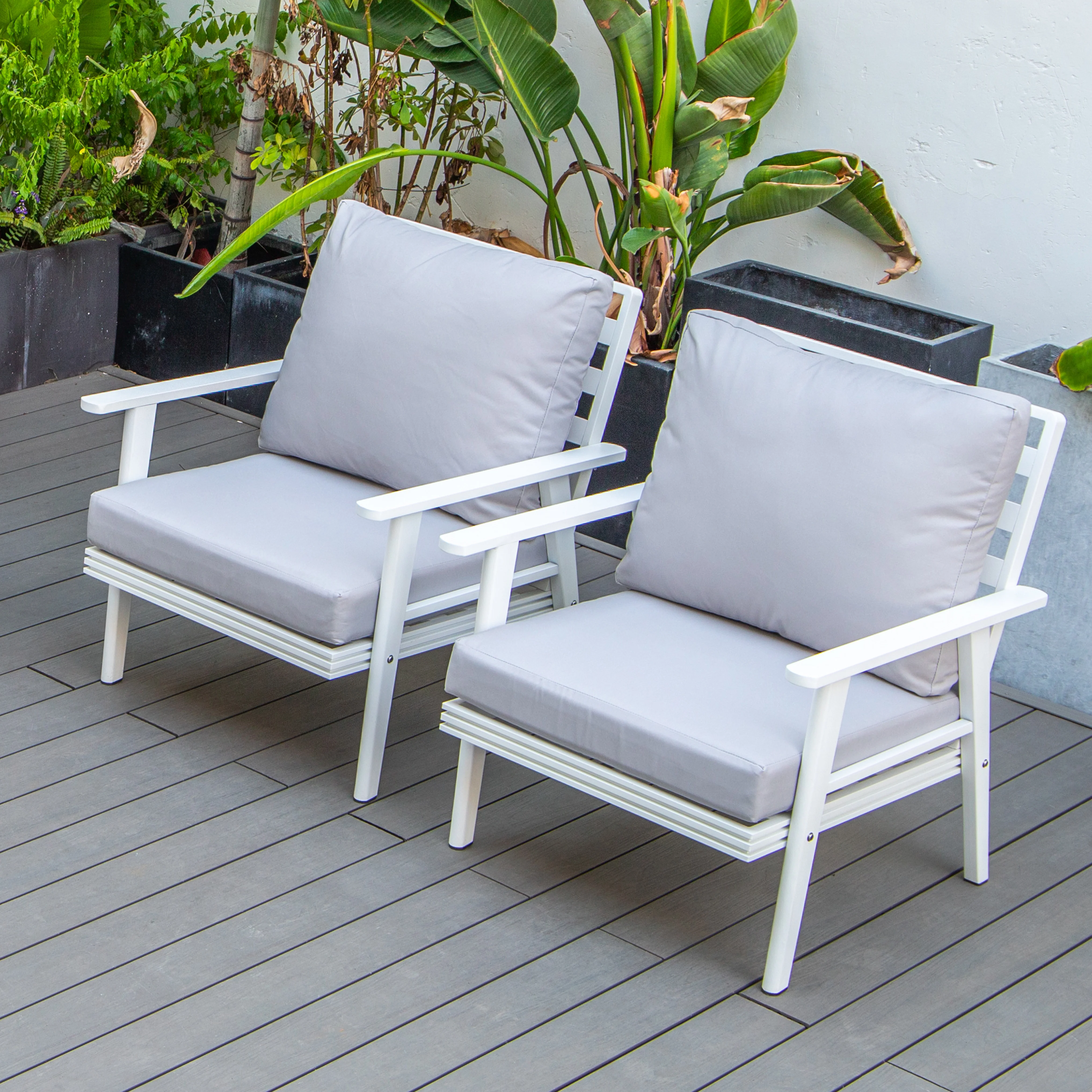 Walbrooke Outdoor Patio White Aluminum Armchairs With Cushions Set Of 2 in Light Grey