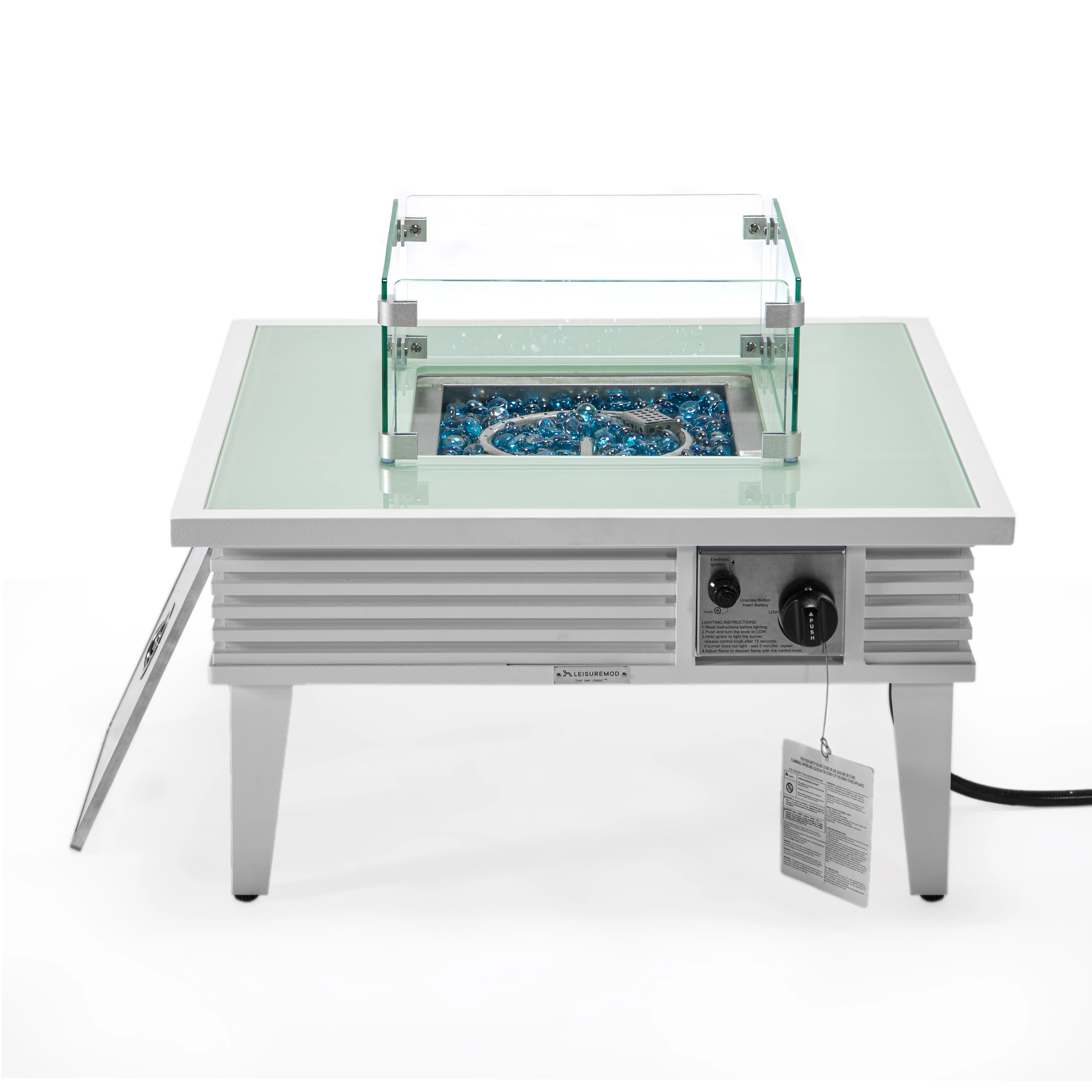 Walbrooke Outdoor Patio Aluminum Square Slats Design Fire Pit Side Table with Lid and Fire Glass for Patio and Backyard Garden