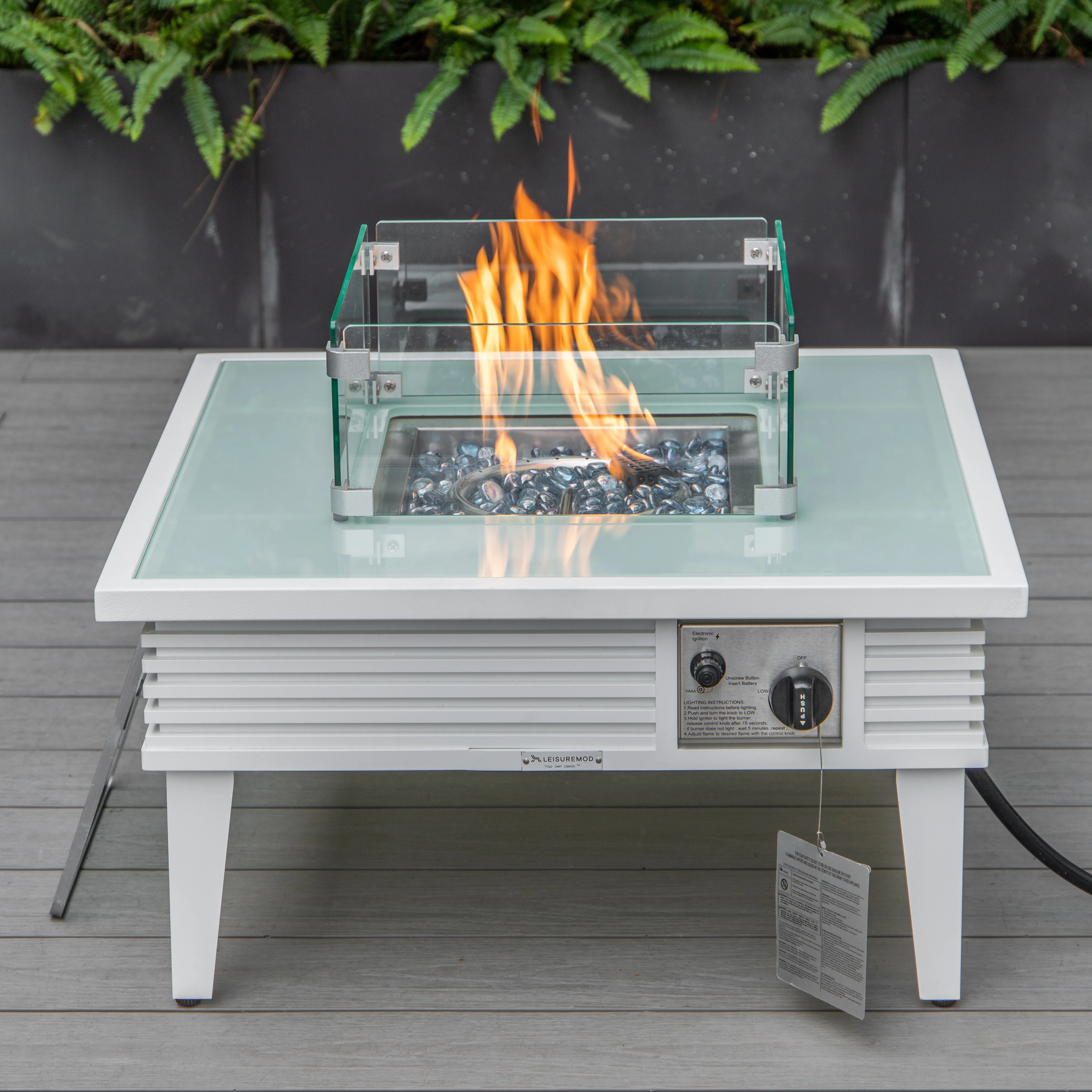 Walbrooke Outdoor Patio Aluminum Square Slats Design Fire Pit Side Table with Lid and Fire Glass for Patio and Backyard Garden
