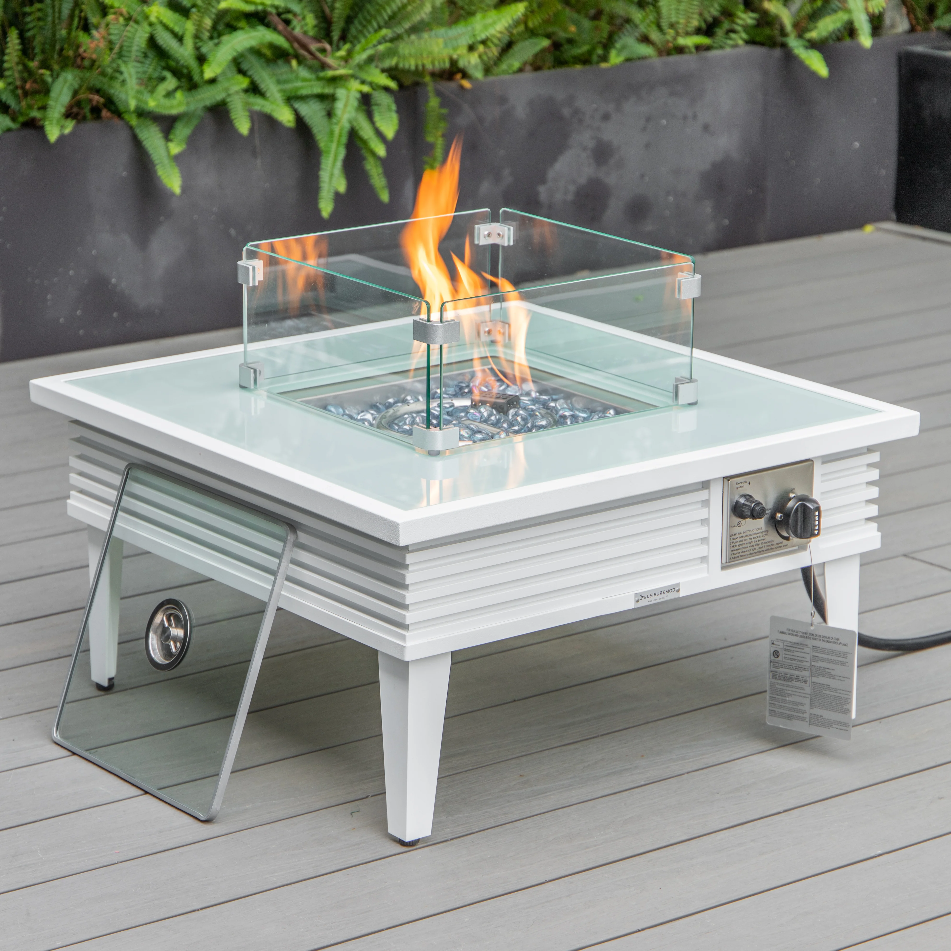 Walbrooke Outdoor Patio Aluminum Square Slats Design Fire Pit Side Table with Lid and Fire Glass for Patio and Backyard Garden