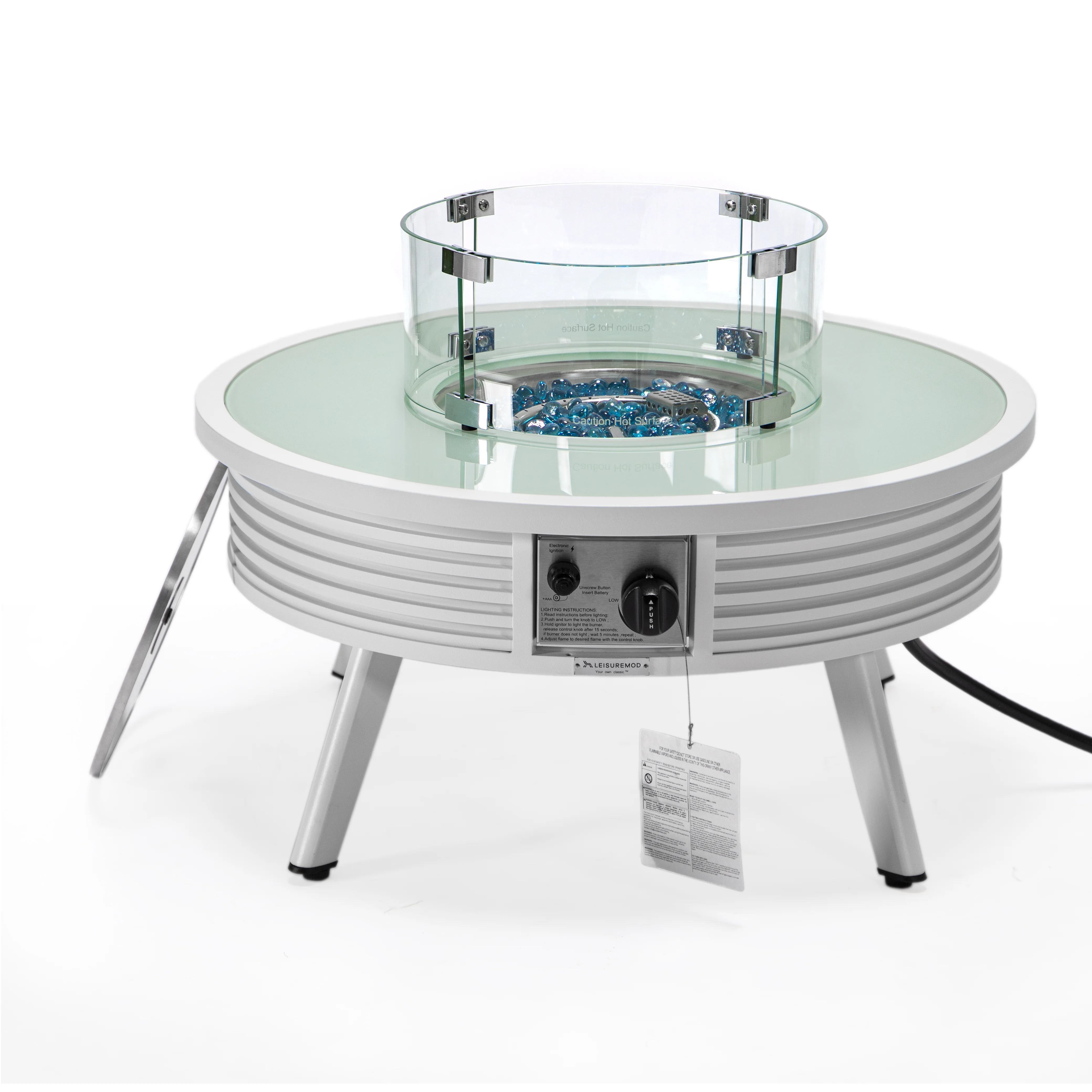 Walbrooke Outdoor Patio Aluminum Round Slats Design Fire Pit Side Table with Lid and Fire Glass for Patio and Backyard Garden