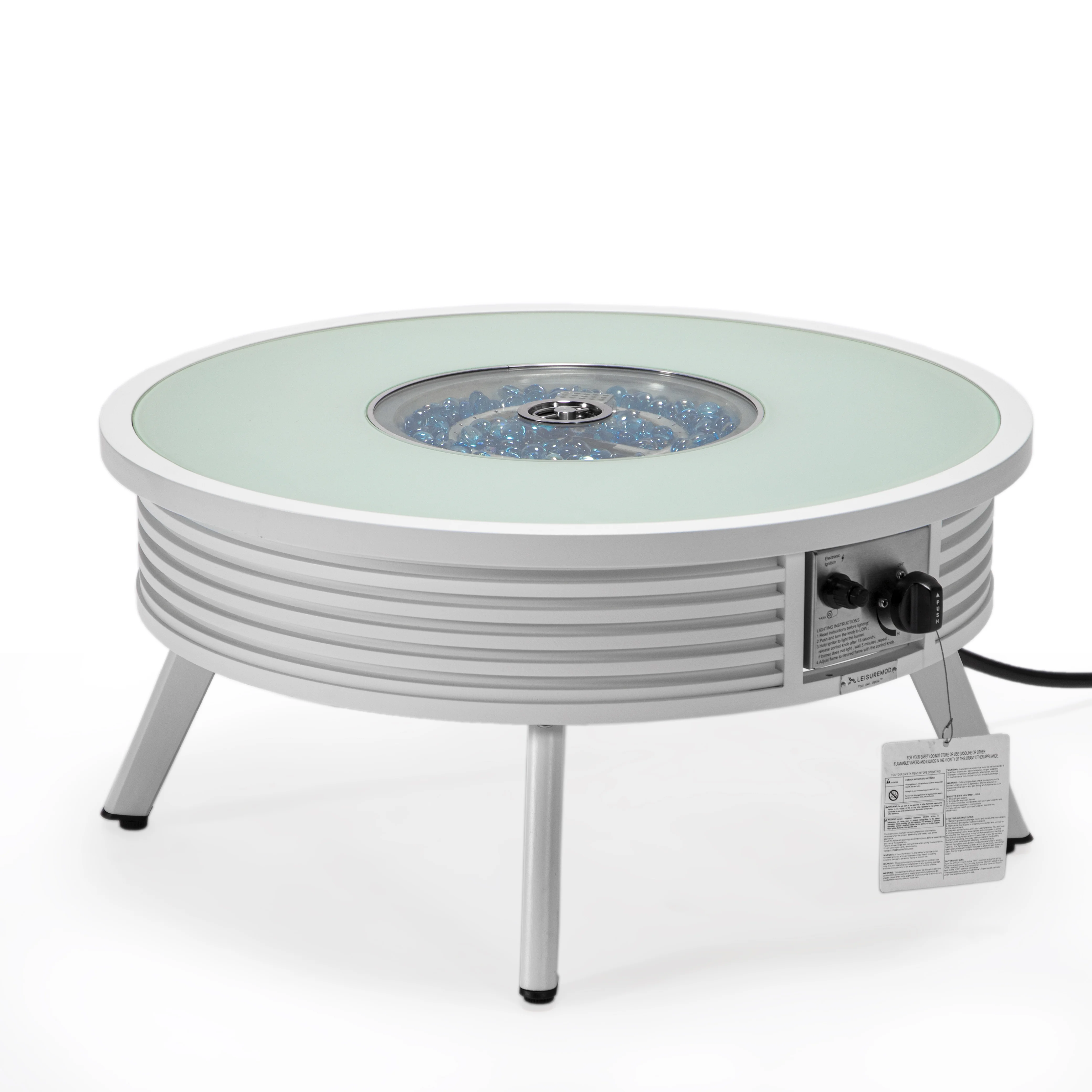 Walbrooke Outdoor Patio Aluminum Round Slats Design Fire Pit Side Table with Lid and Fire Glass for Patio and Backyard Garden