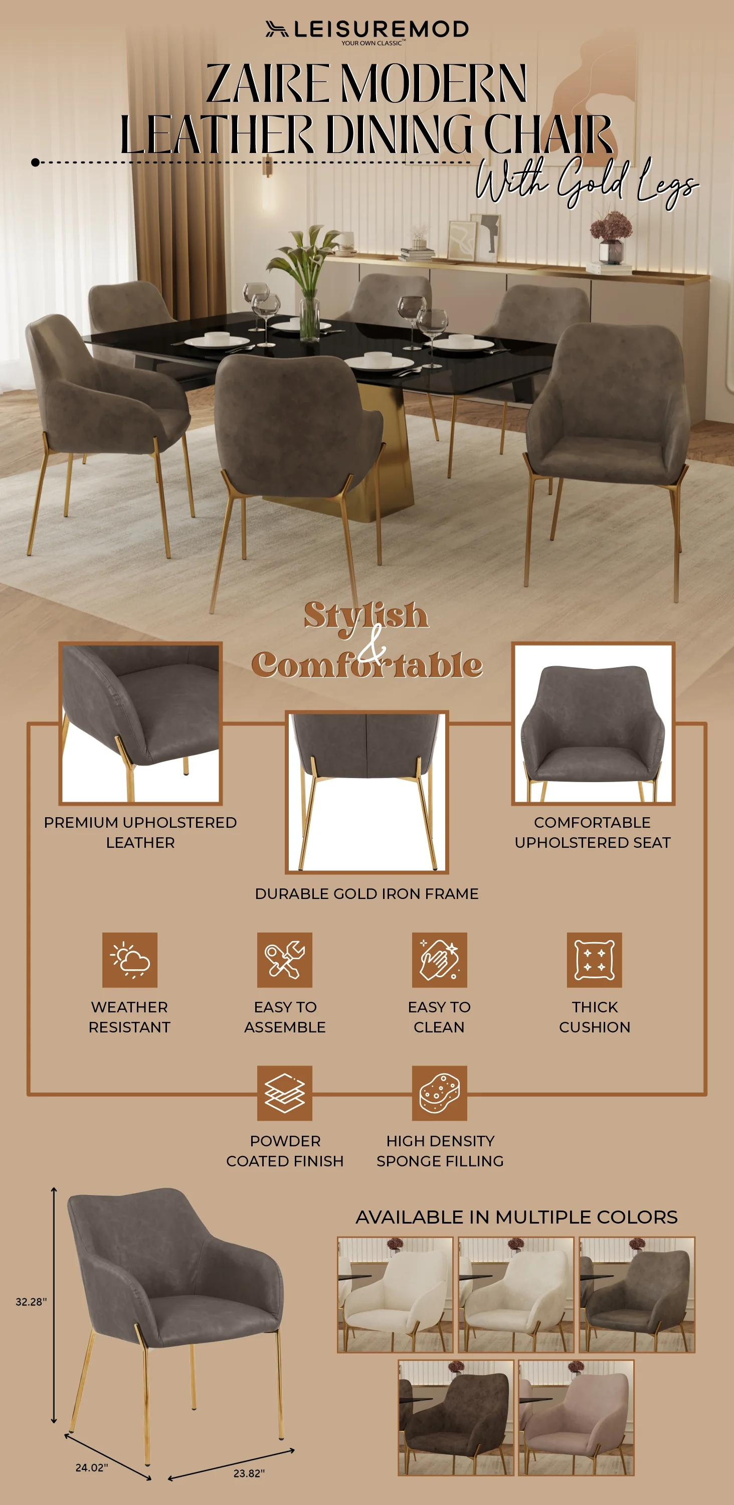 Zaire Collection Modern Dining Chair, Gold Legs and CHarcoal Fabric