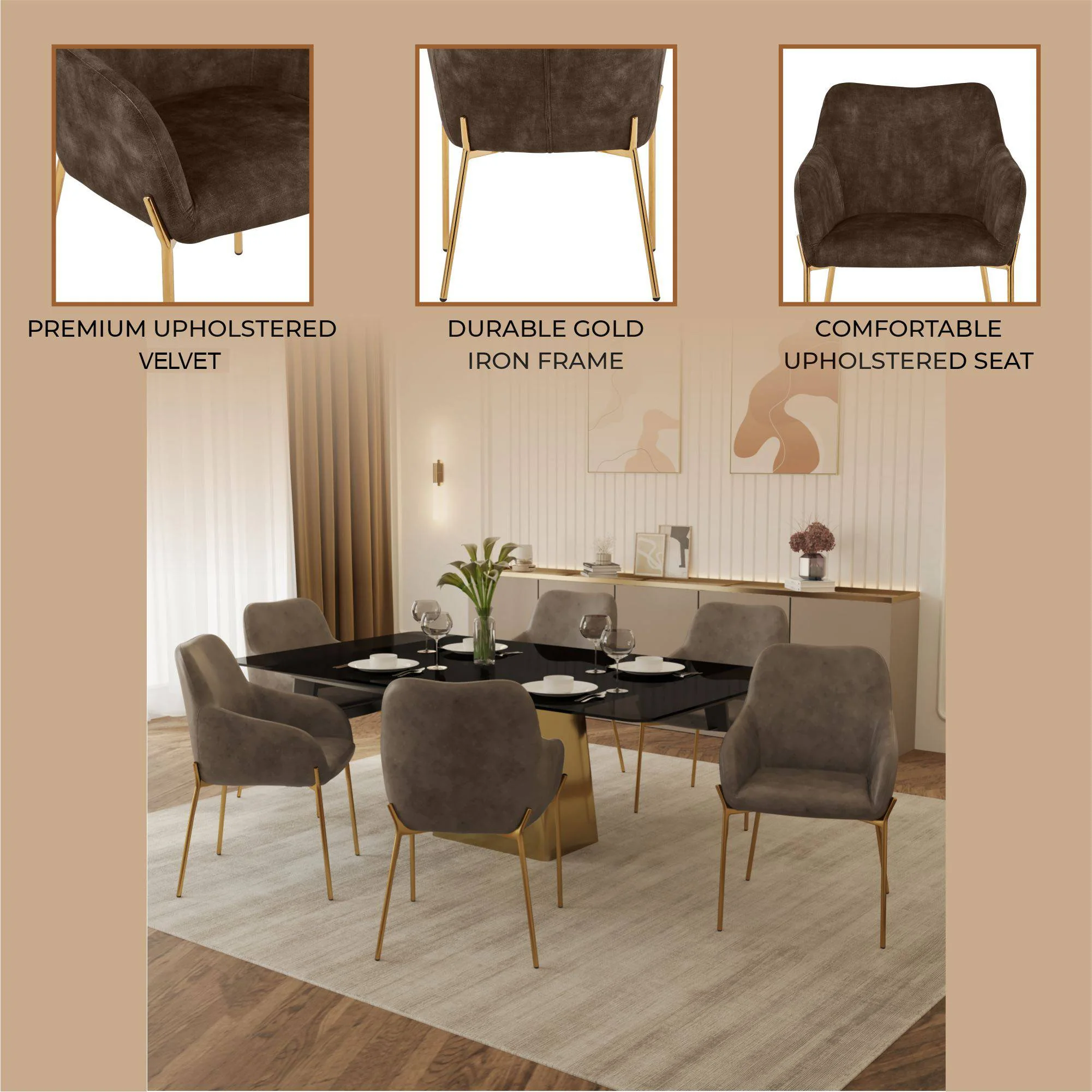 Zaire Collection Modern Dining Chair, Gold Legs and Dark Brown Velvet
