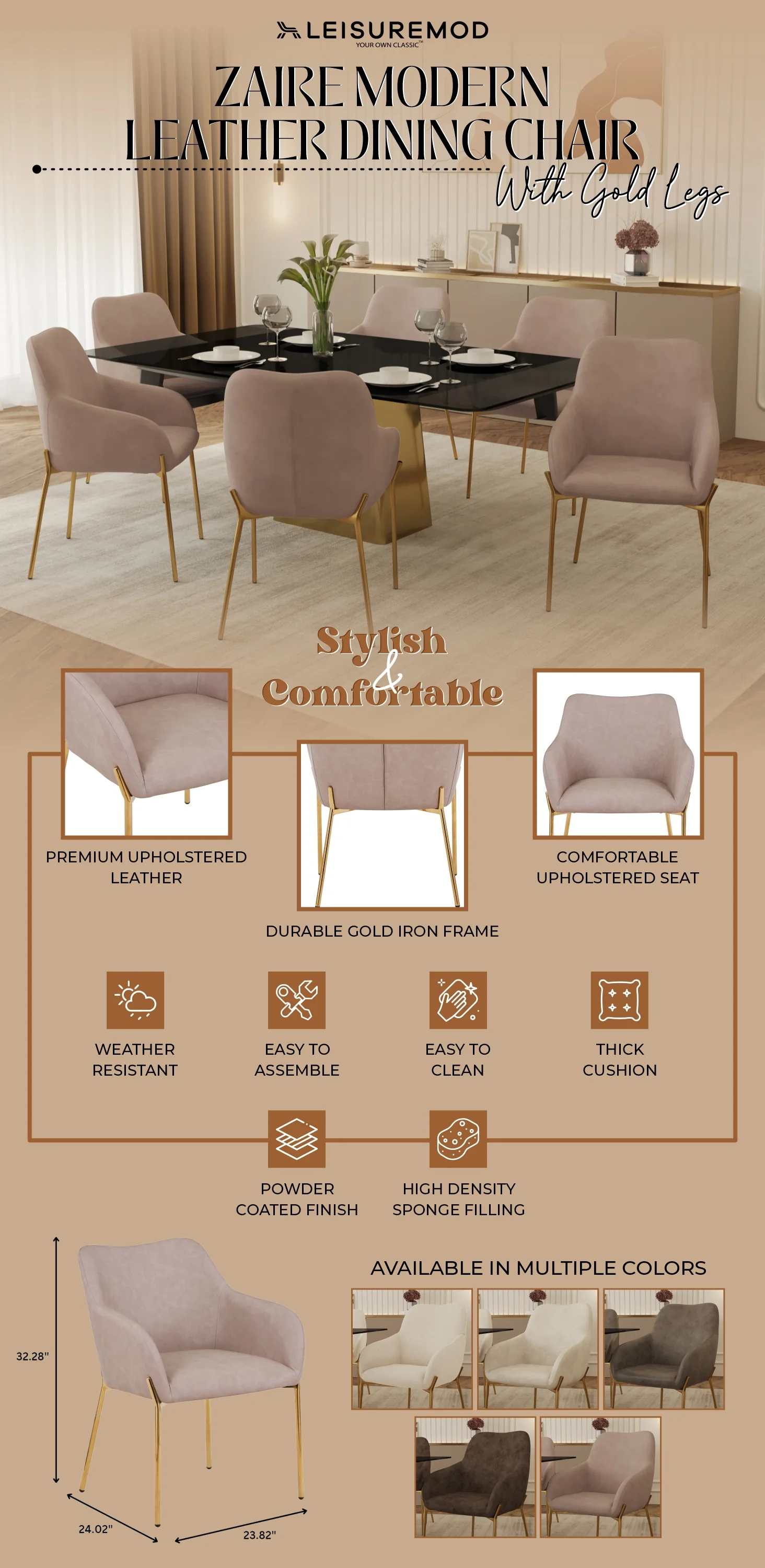 Zaire Collection Modern Dining Chair, Gold Legs and Taupe Fabric