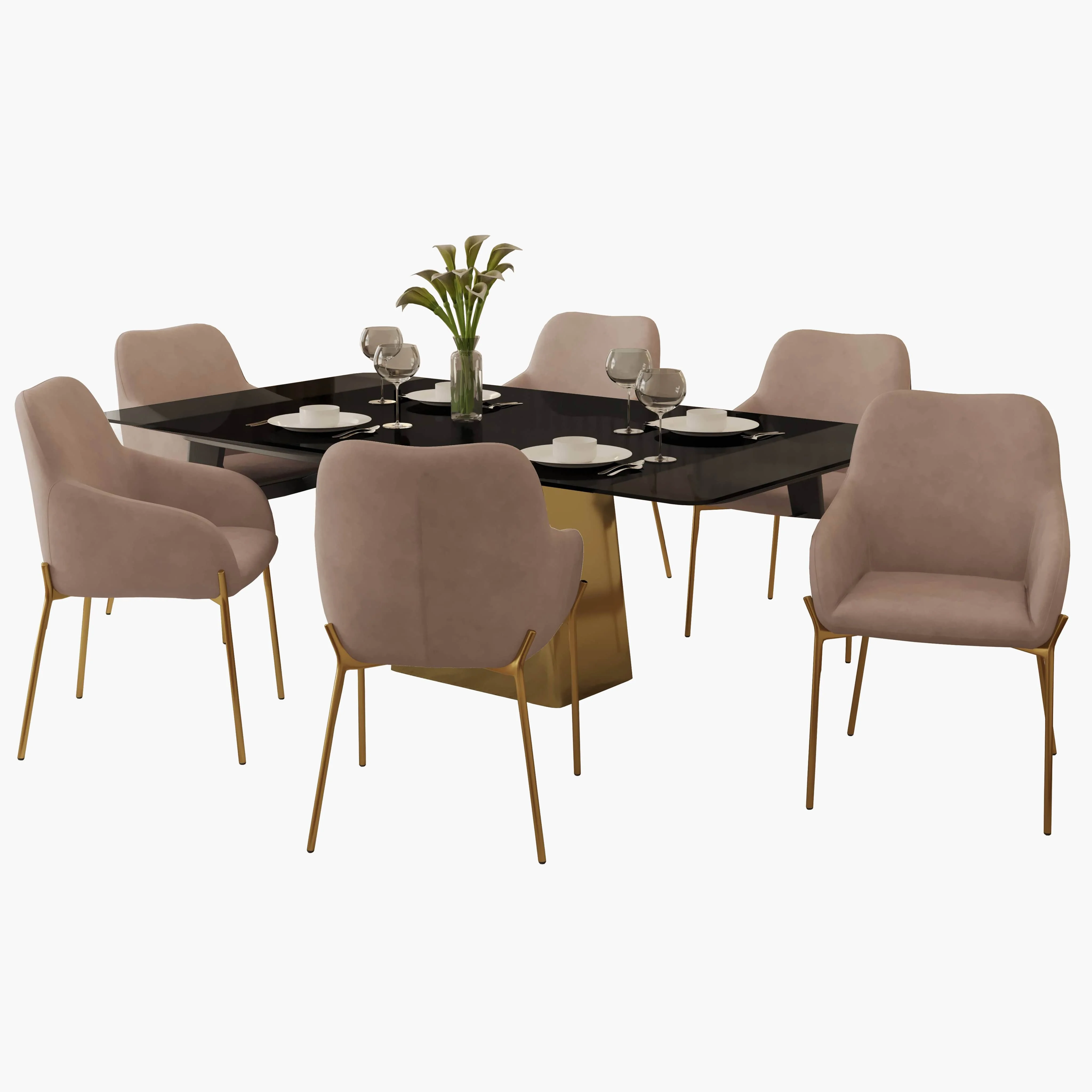 7-Piece Dining Set with Rectangular Glass Dining Table and 6 Upholstered Dining Arm Chairs