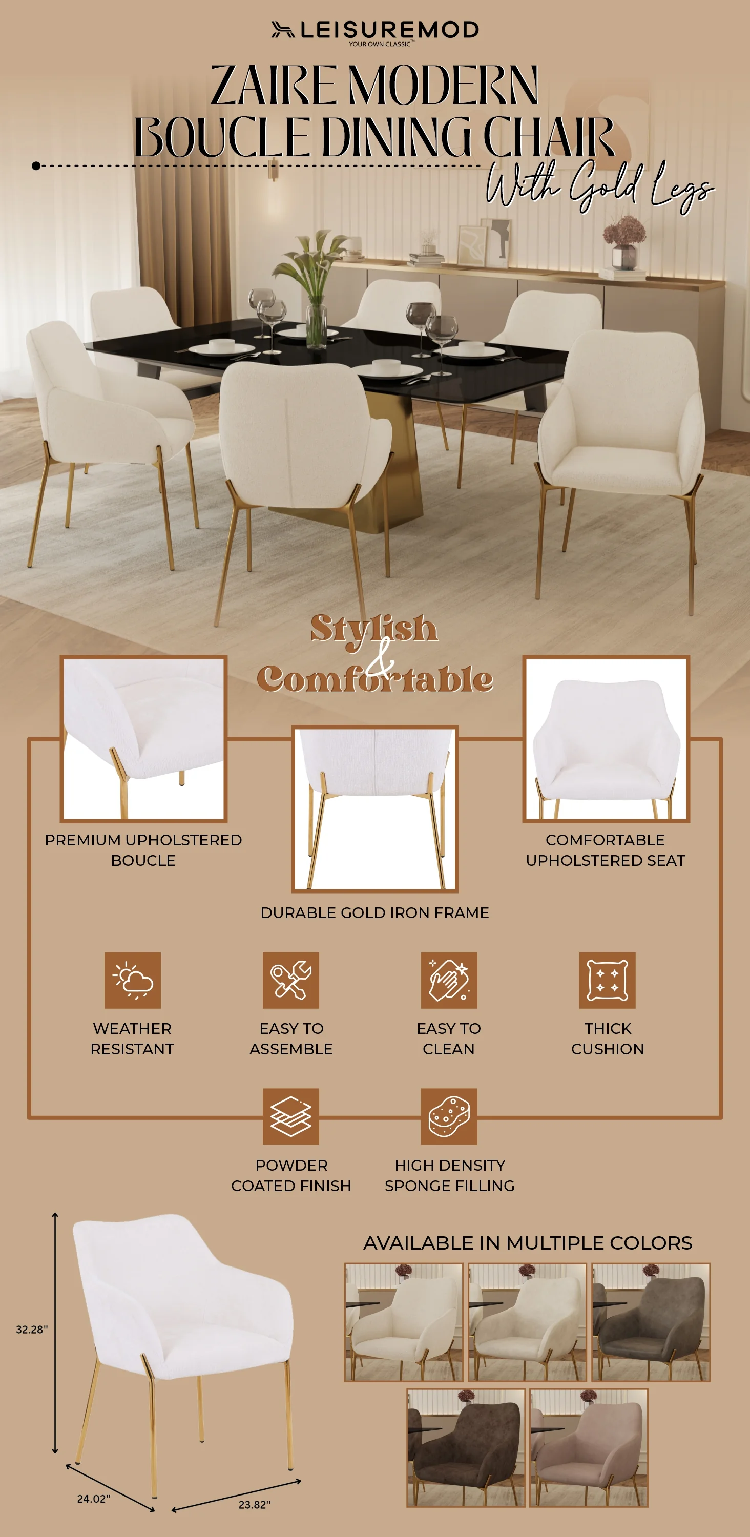 Zaire Collection Modern Dining Chair, Gold Legs and White Boucle