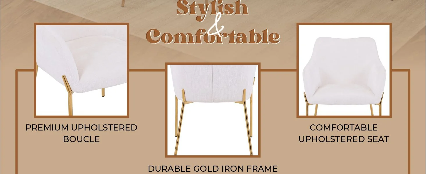 Zaire Collection Modern Dining Chair, Gold Legs and White Boucle