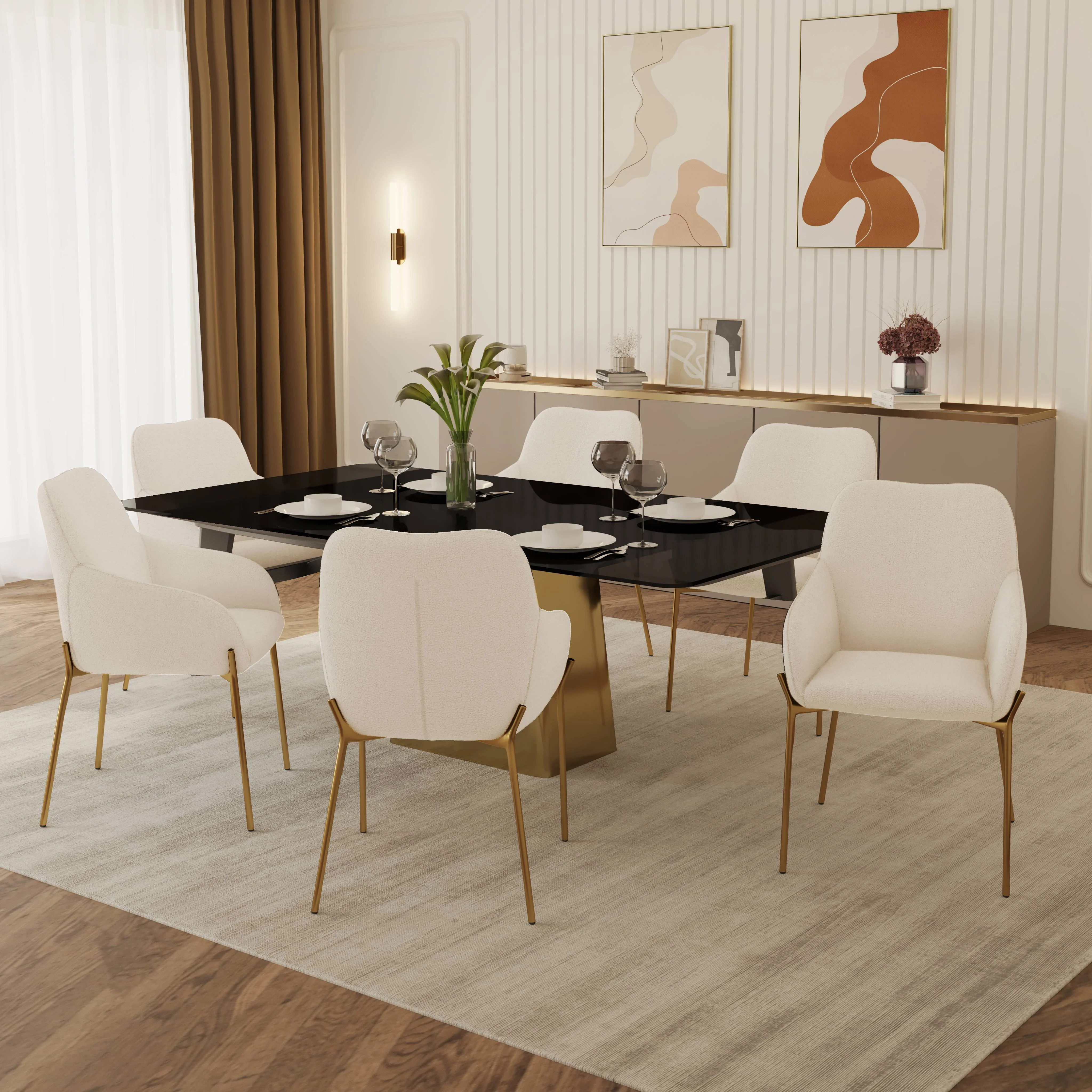7-Piece Dining Set with Rectangular Glass Dining Table and 6 Upholstered Dining Arm Chairs