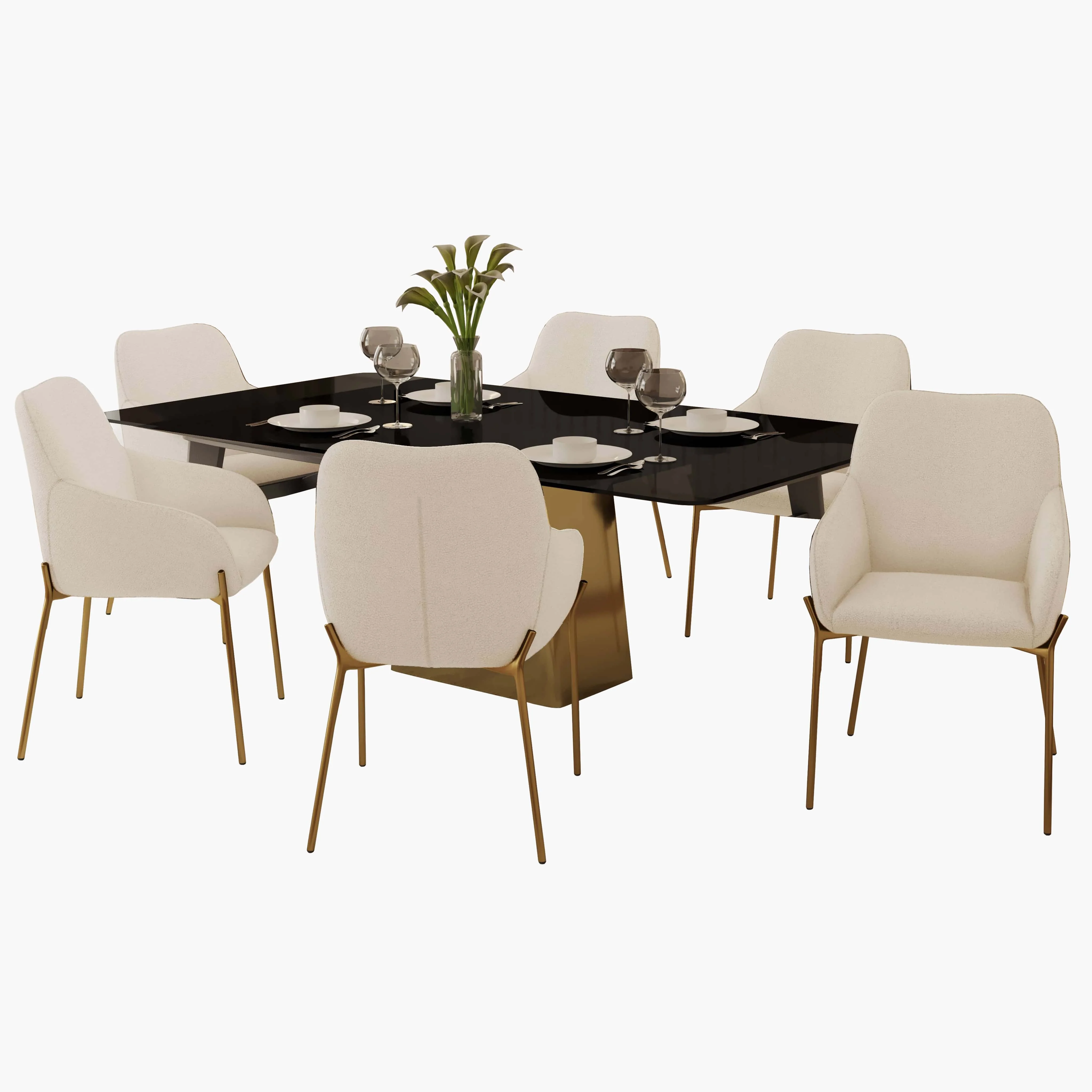 7-Piece Dining Set with Rectangular Glass Dining Table and 6 Upholstered Dining Arm Chairs