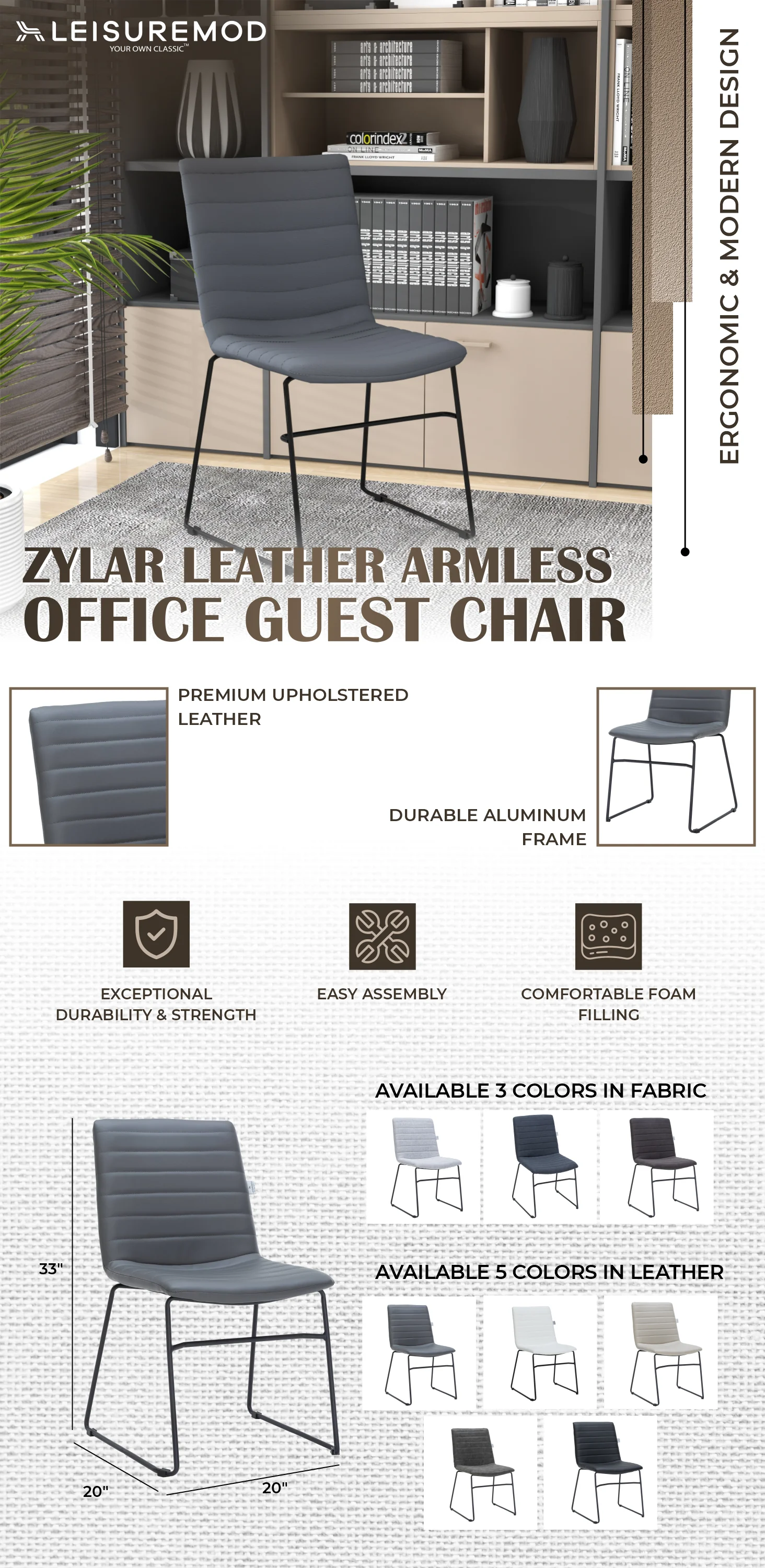 Zylar Series Office Guest Chair in Grey Leather