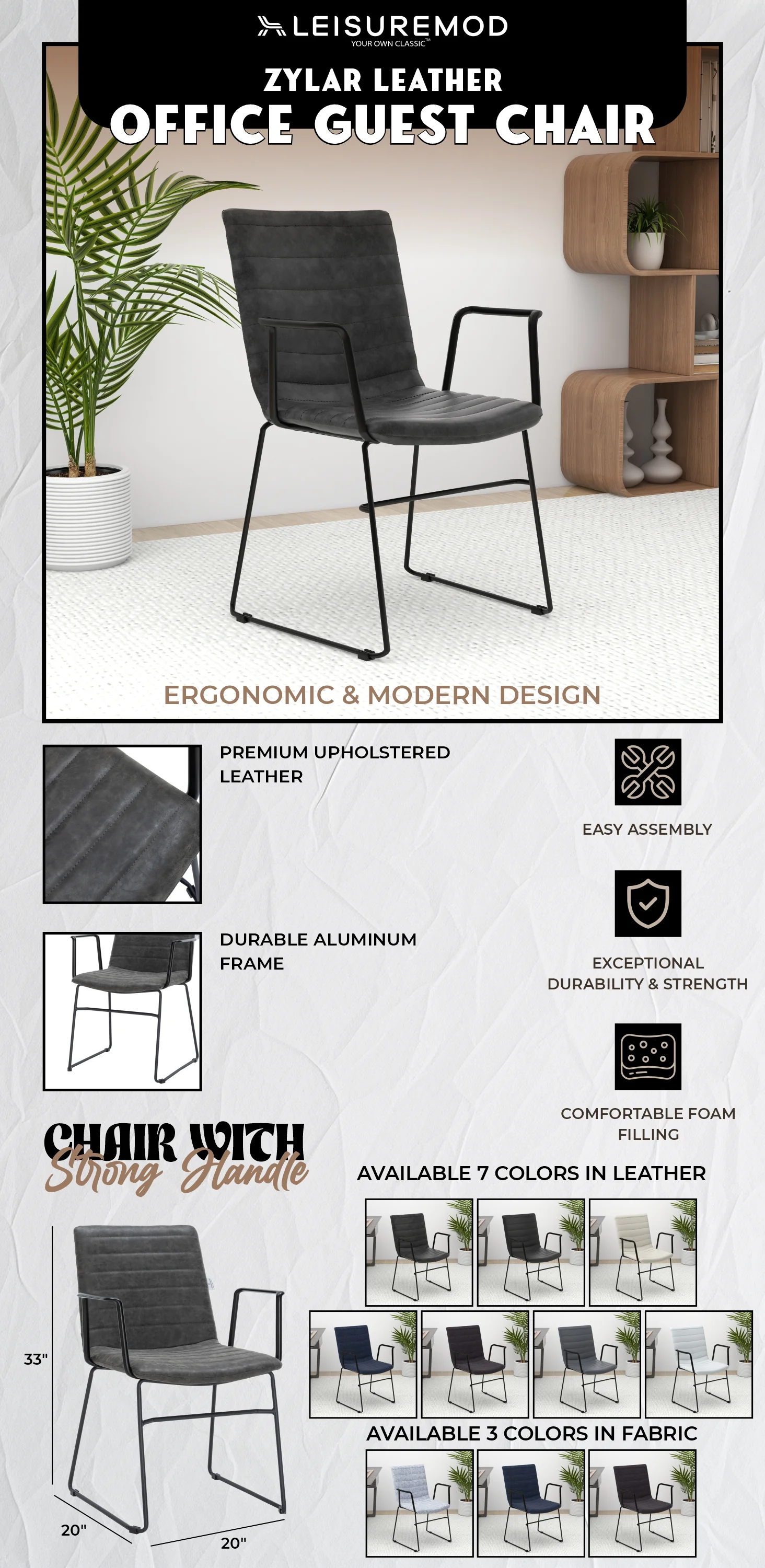 Zylar Series Office Guest Arm Chair in Charcoal Leather