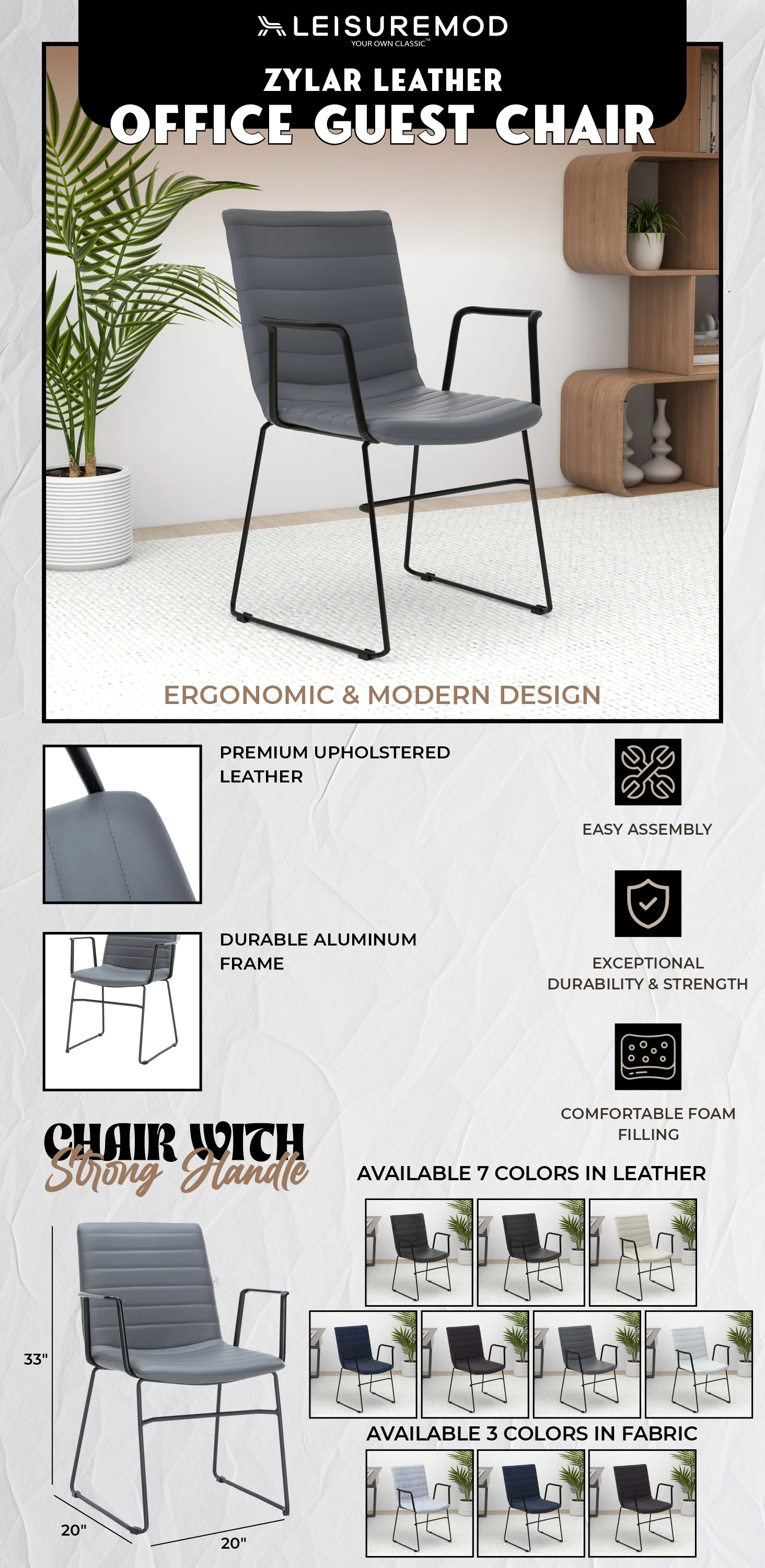 Zylar Series Office Guest Arm Chair in Grey Leather