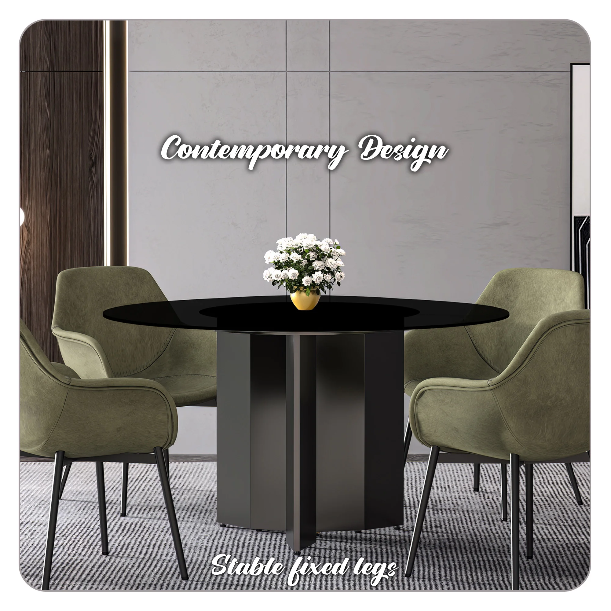 Zevro Series Round Dining Table Black Base with 60 Round BLack Glass Top
