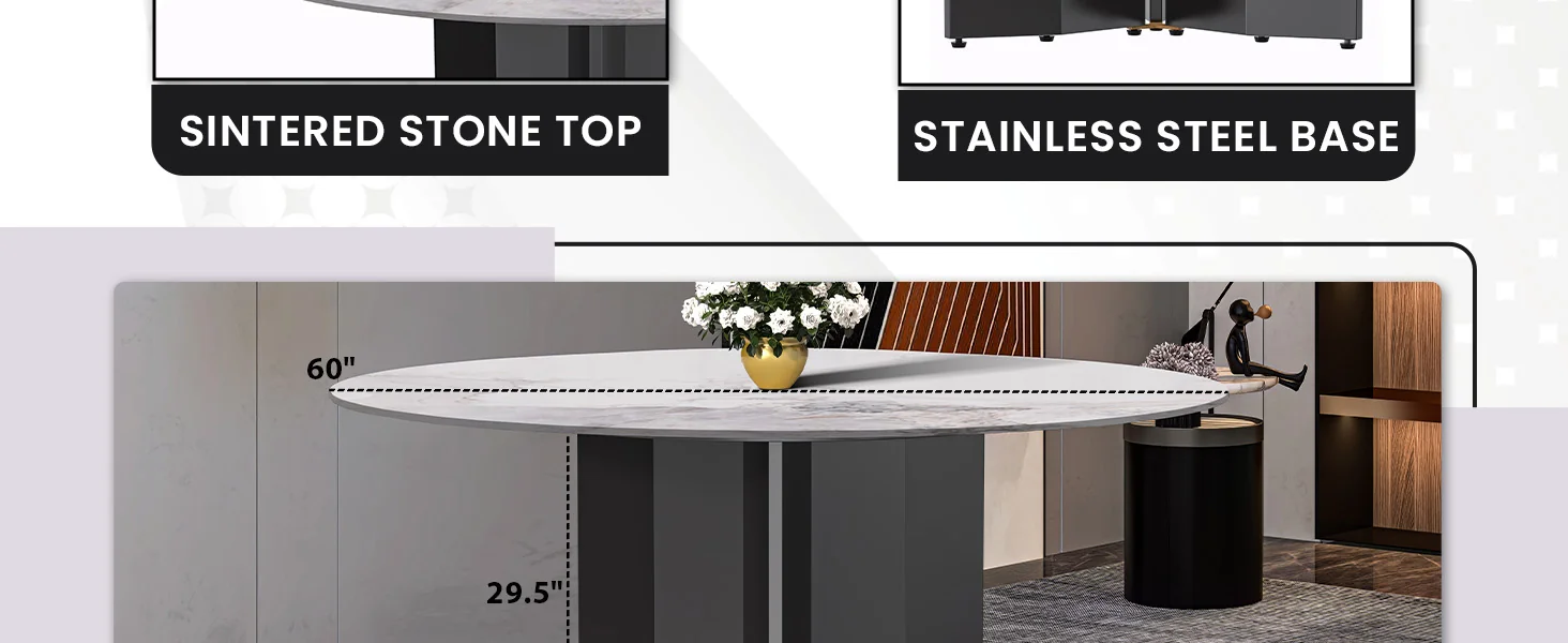 Zevro Series Round Dining Table Black Base with 60 Round White Grey Sintered Stone Top