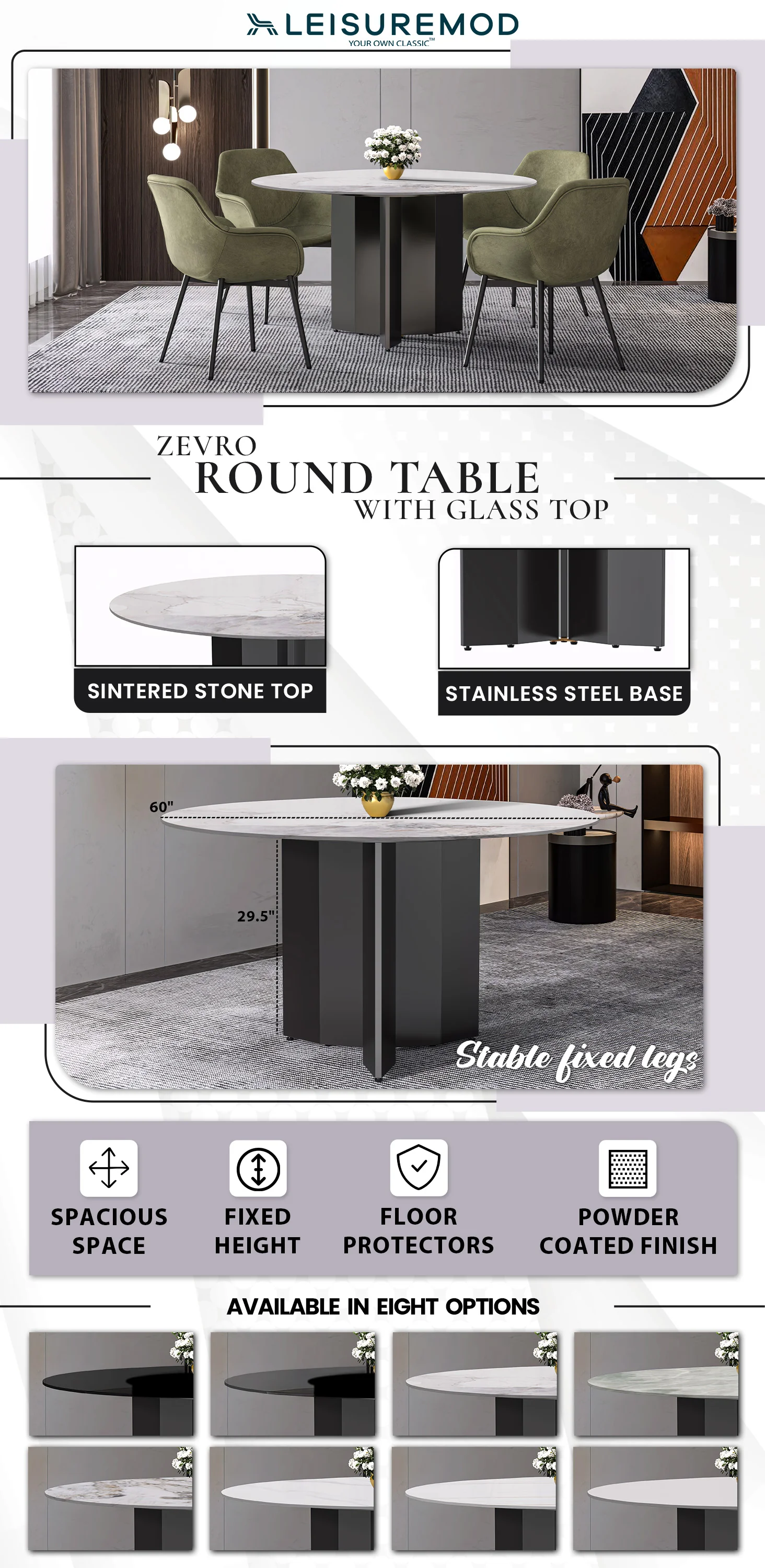 Zevro Series Round Dining Table Black Base with 60 Round White Grey Sintered Stone Top