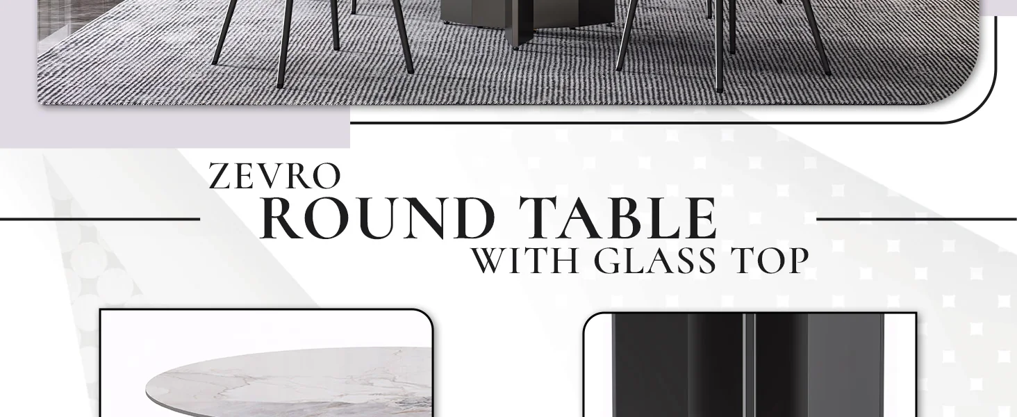 Zevro Series Round Dining Table Black Base with 60 Round White Grey Sintered Stone Top