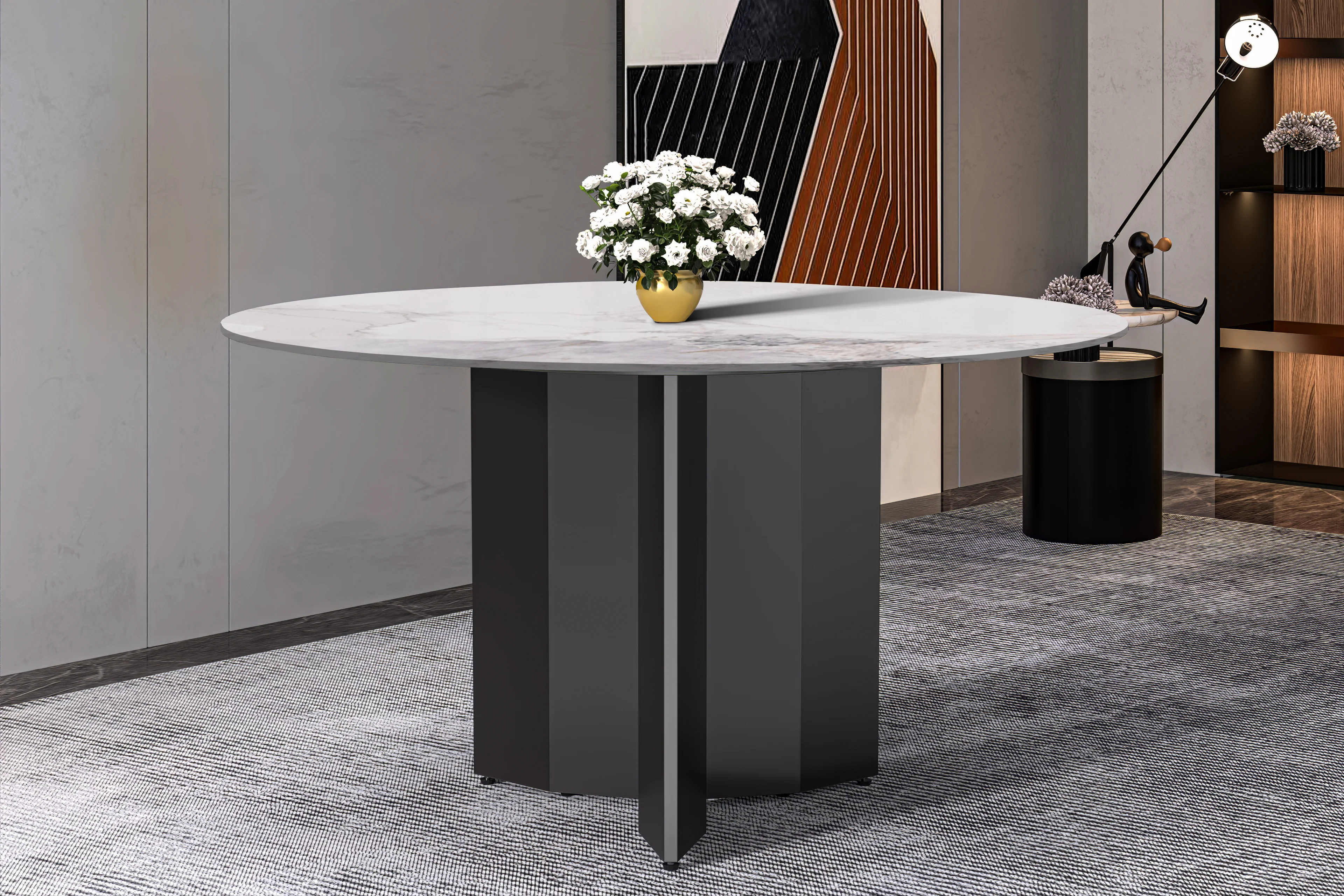 Zevro Series Round Dining Table Black Base with 60 Round White Grey Sintered Stone Top