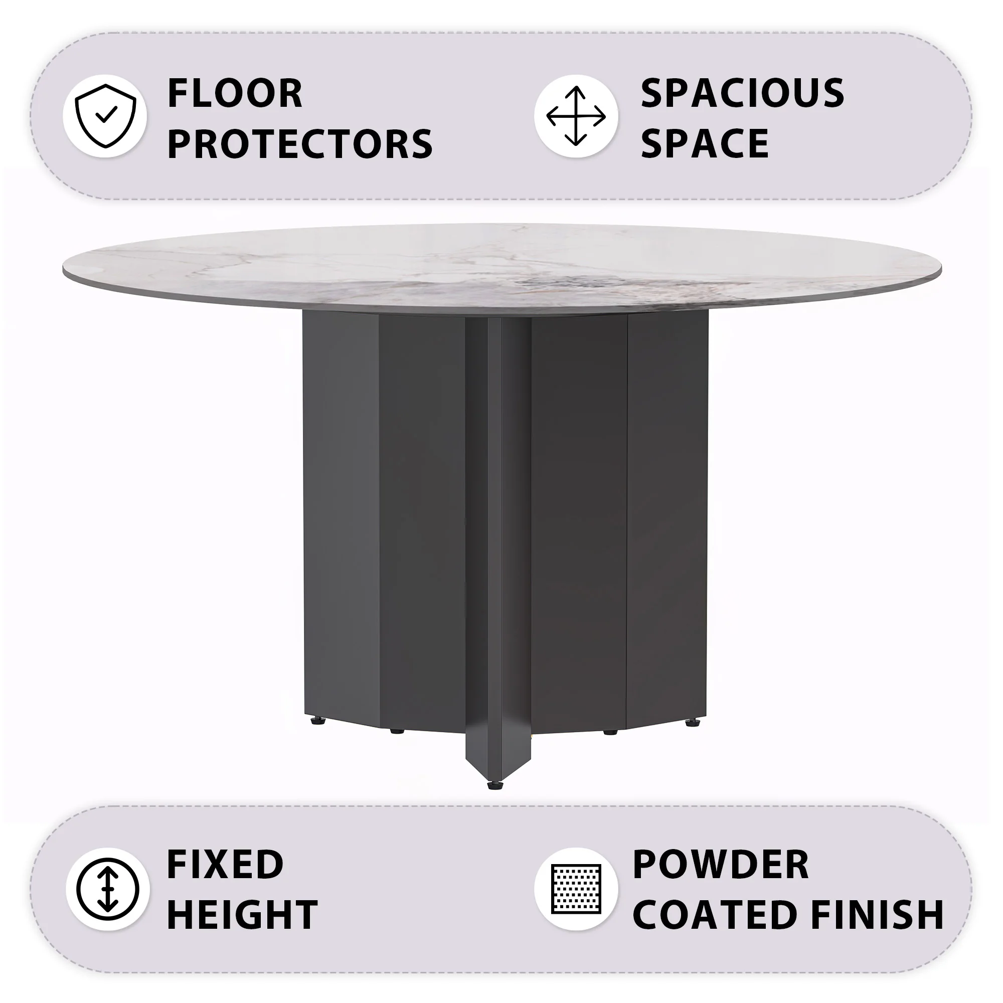 Zevro Series Round Dining Table Black Base with 60 Round White Grey Sintered Stone Top