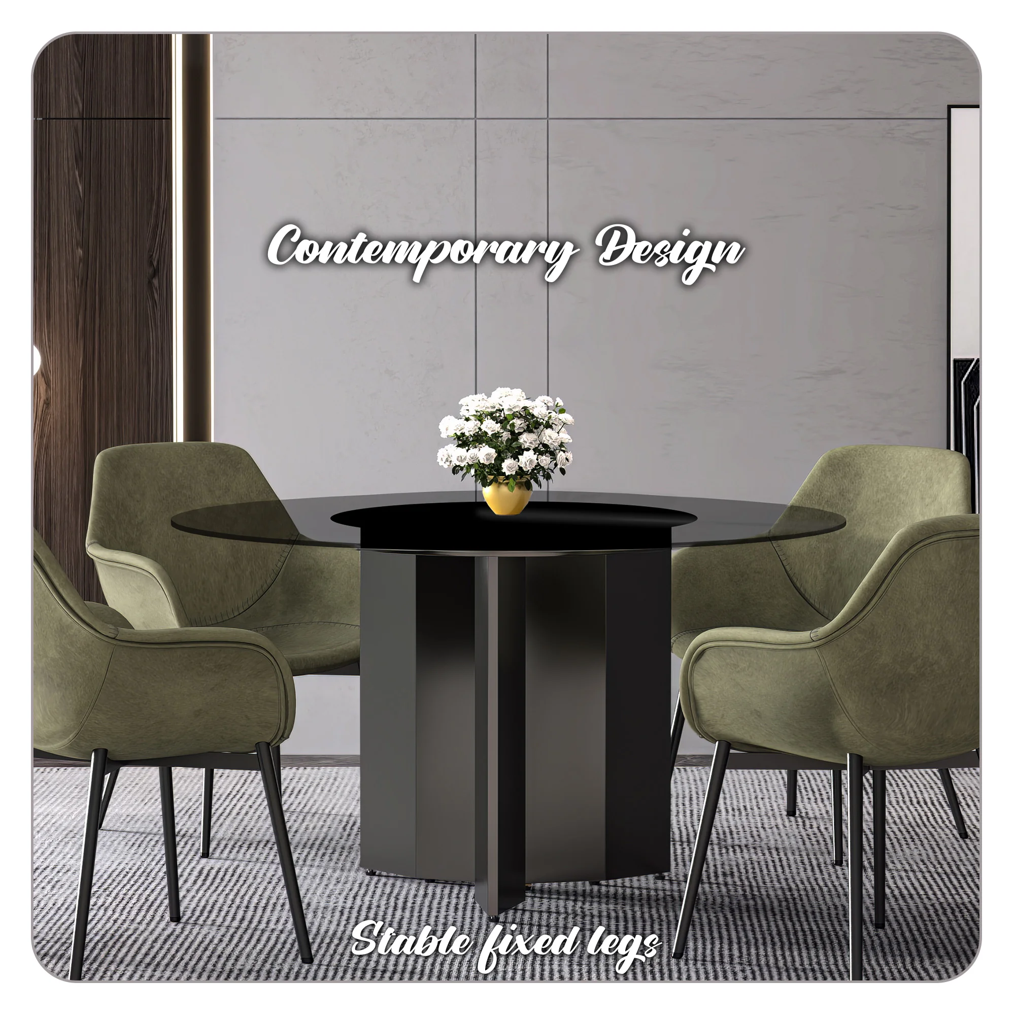 Zevro Series Round Dining Table Black Base with 60 Round Clear Glass Top