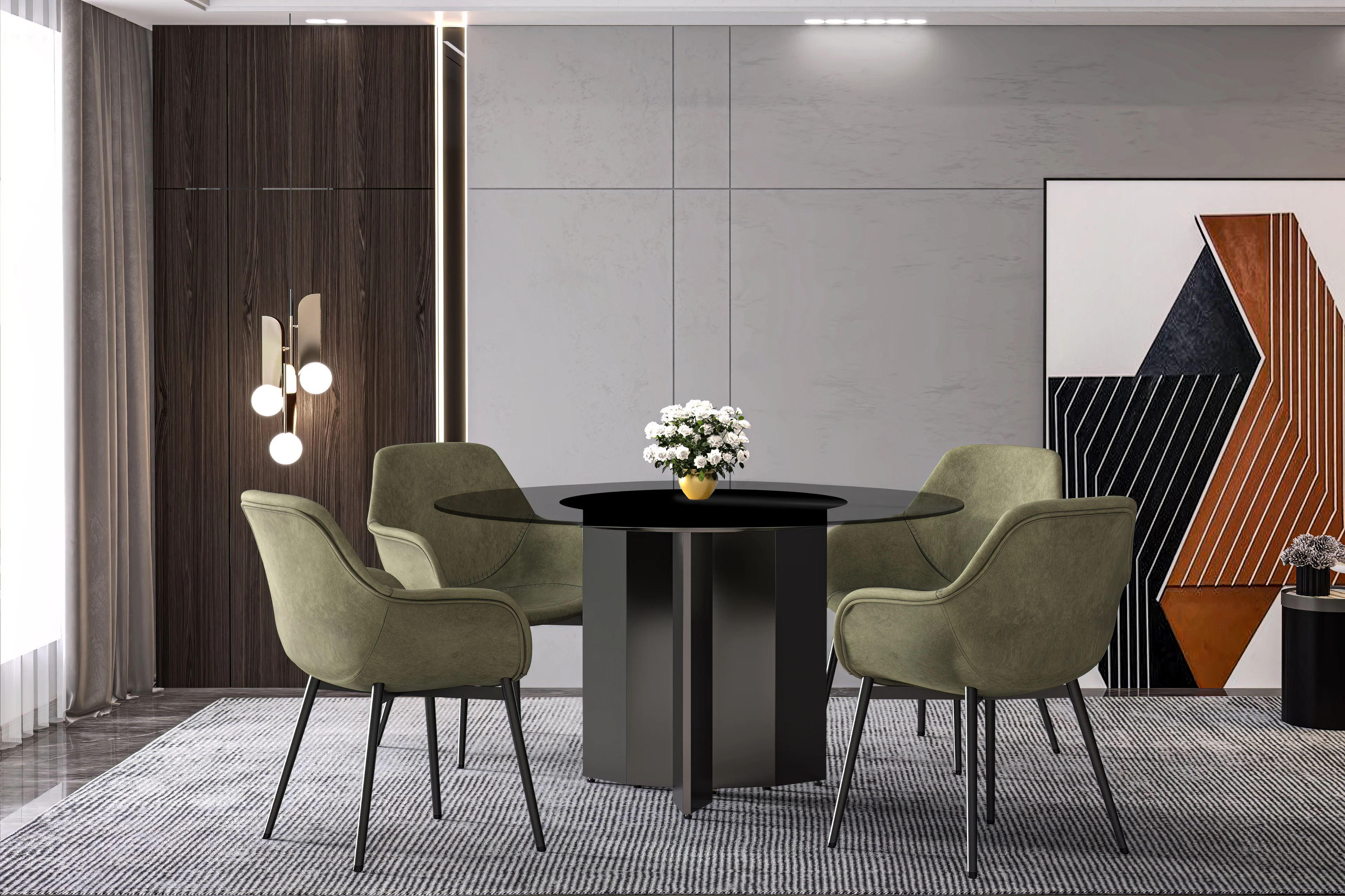 Zevro Series Round Dining Table Black Base with 60 Round Clear Glass Top