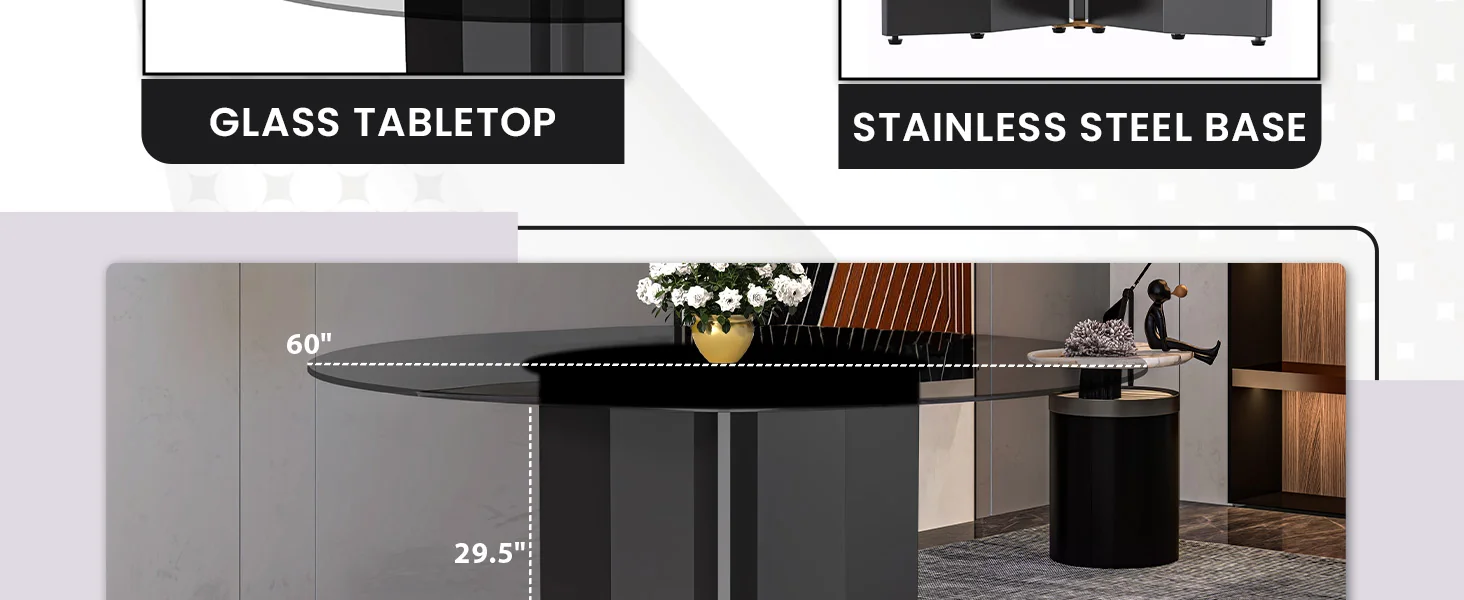 Zevro Series Round Dining Table Black Base with 60 Round Clear Glass Top