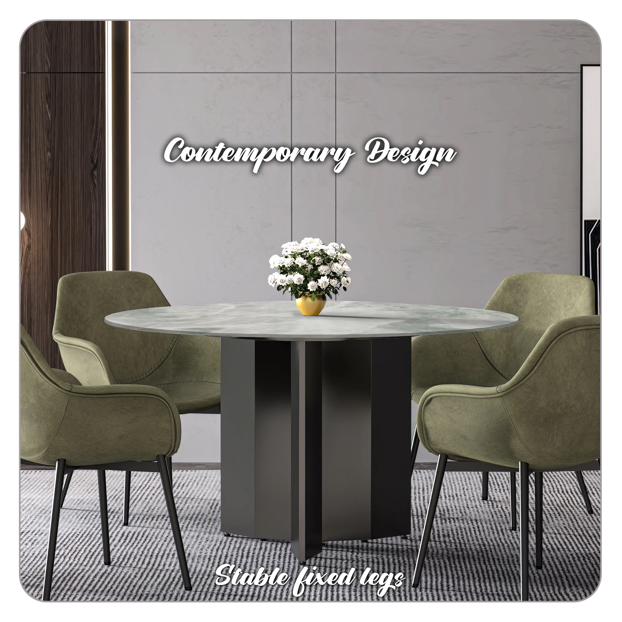 Zevro Series Round Dining Table Black Base with 60 Round Light Grey Sintered Stone Top