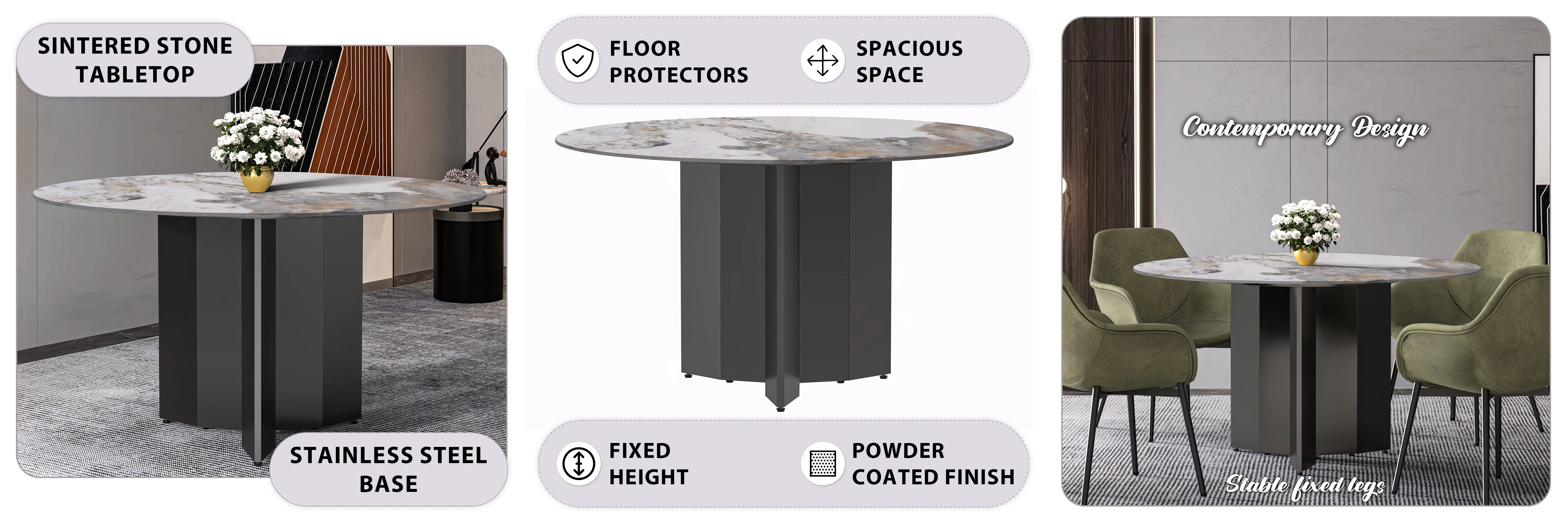Zevro Series Round Dining Table Black Base with 60 Round Medium Grey Sintered Stone Top
