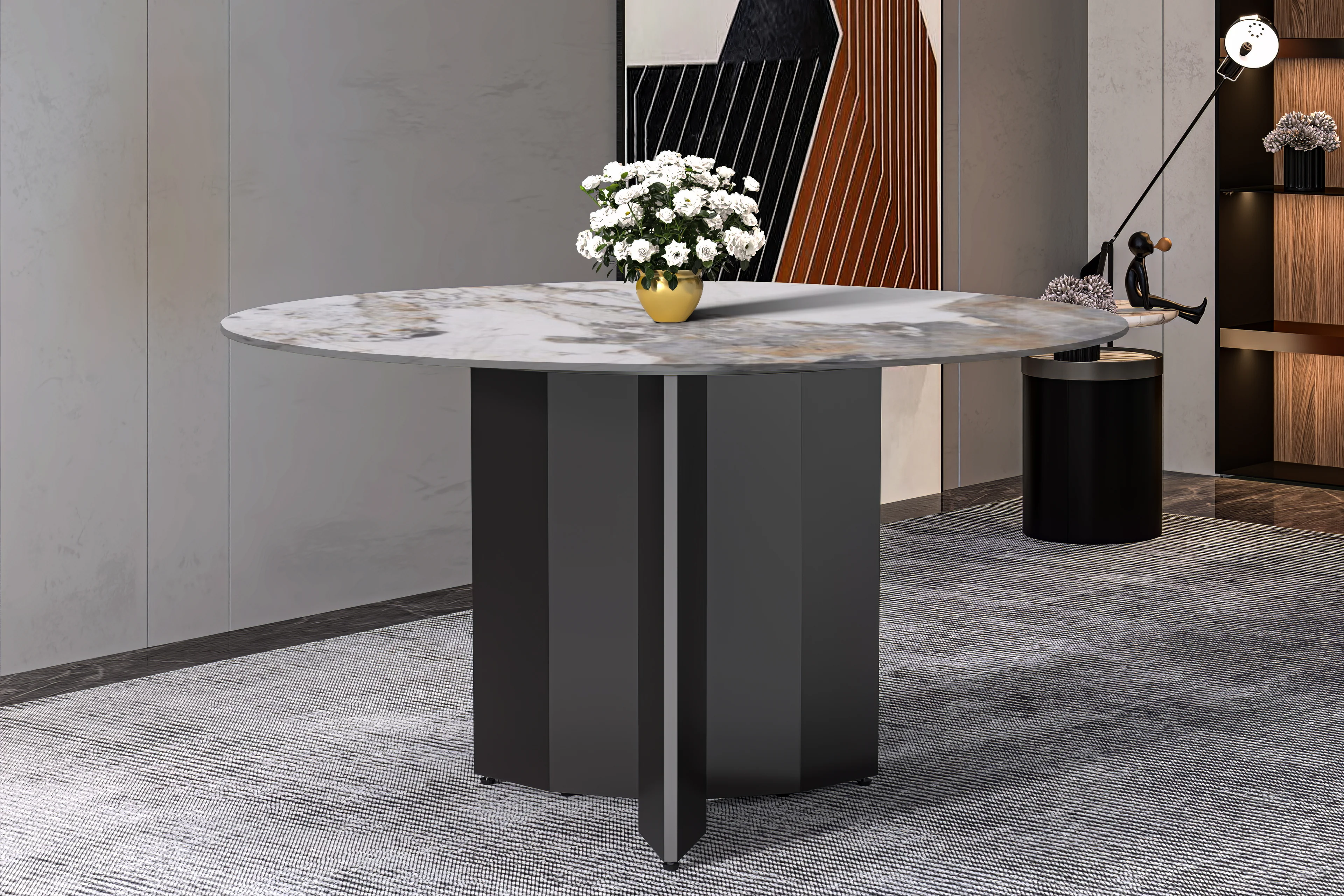 Zevro Series Round Dining Table Black Base with 60 Round Medium Grey Sintered Stone Top