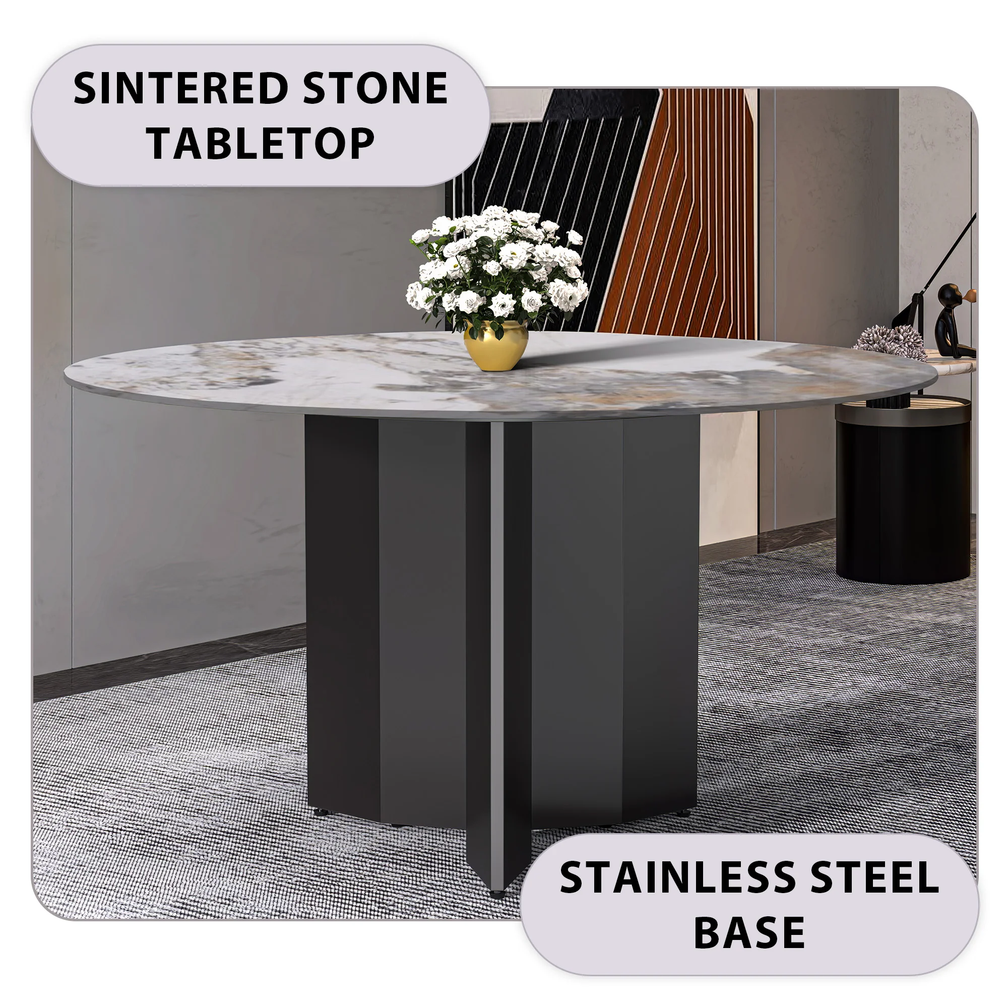 Zevro Series Round Dining Table Black Base with 60 Round Medium Grey Sintered Stone Top