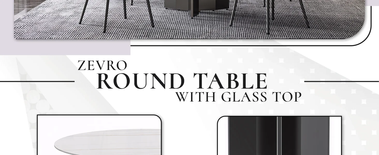 Zevro Series Round Dining Table Black Base with 60 Round White/Gold Sintered Stone Top