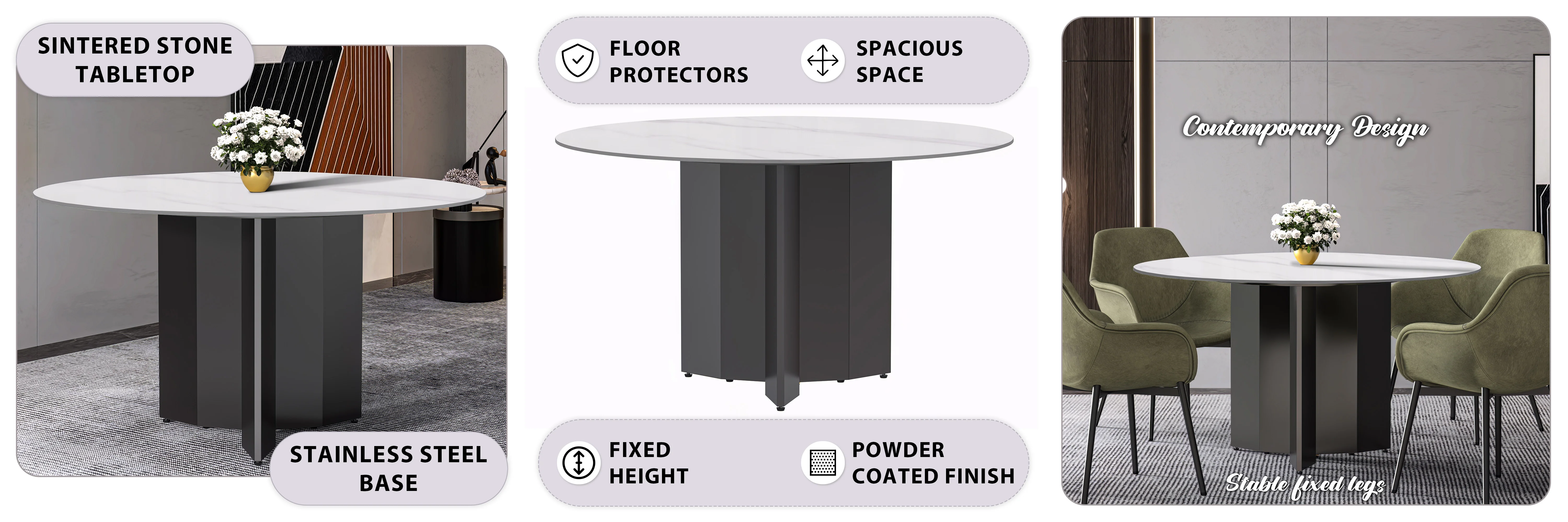 Zevro Series Round Dining Table Black Base with 60 Round White Sintered Stone Top